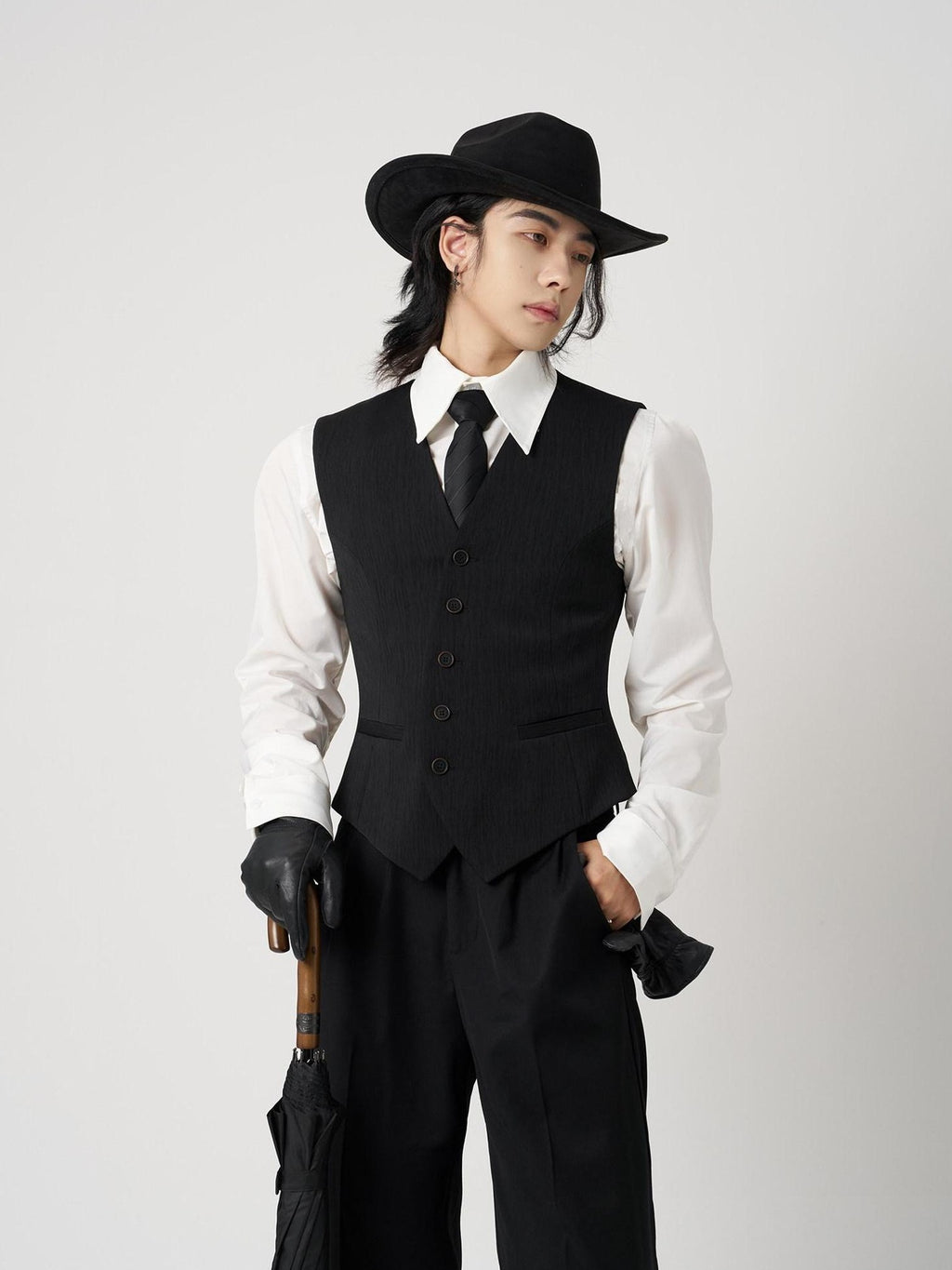 BALITONE Slim V-neck Short Cardigan Single Breasted Black Unisex Tailored Waistcoats