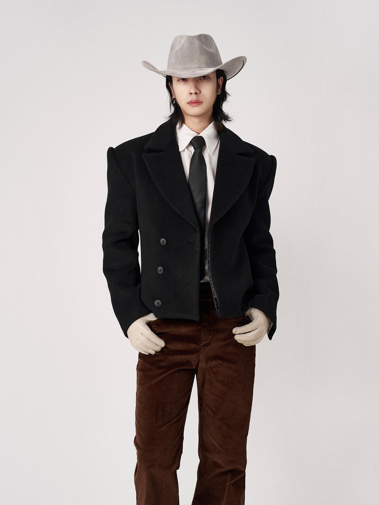 BALITONE Slim Waist British Short Non Iron Unisex Casual Wool Blend Black Wool Blazers