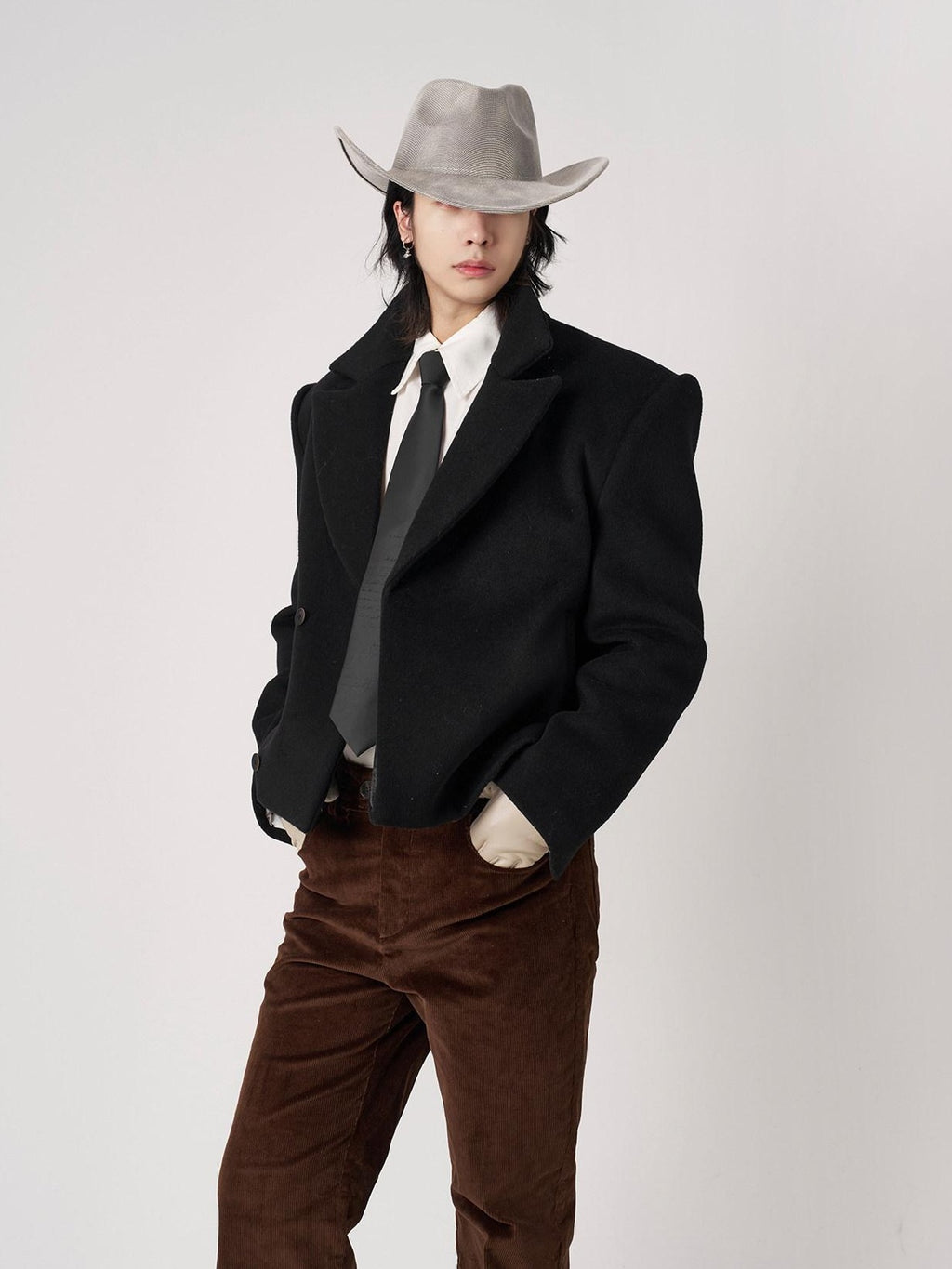 BALITONE Slim Waist British Short Non Iron Unisex Casual Wool Blend Black Wool Blazers
