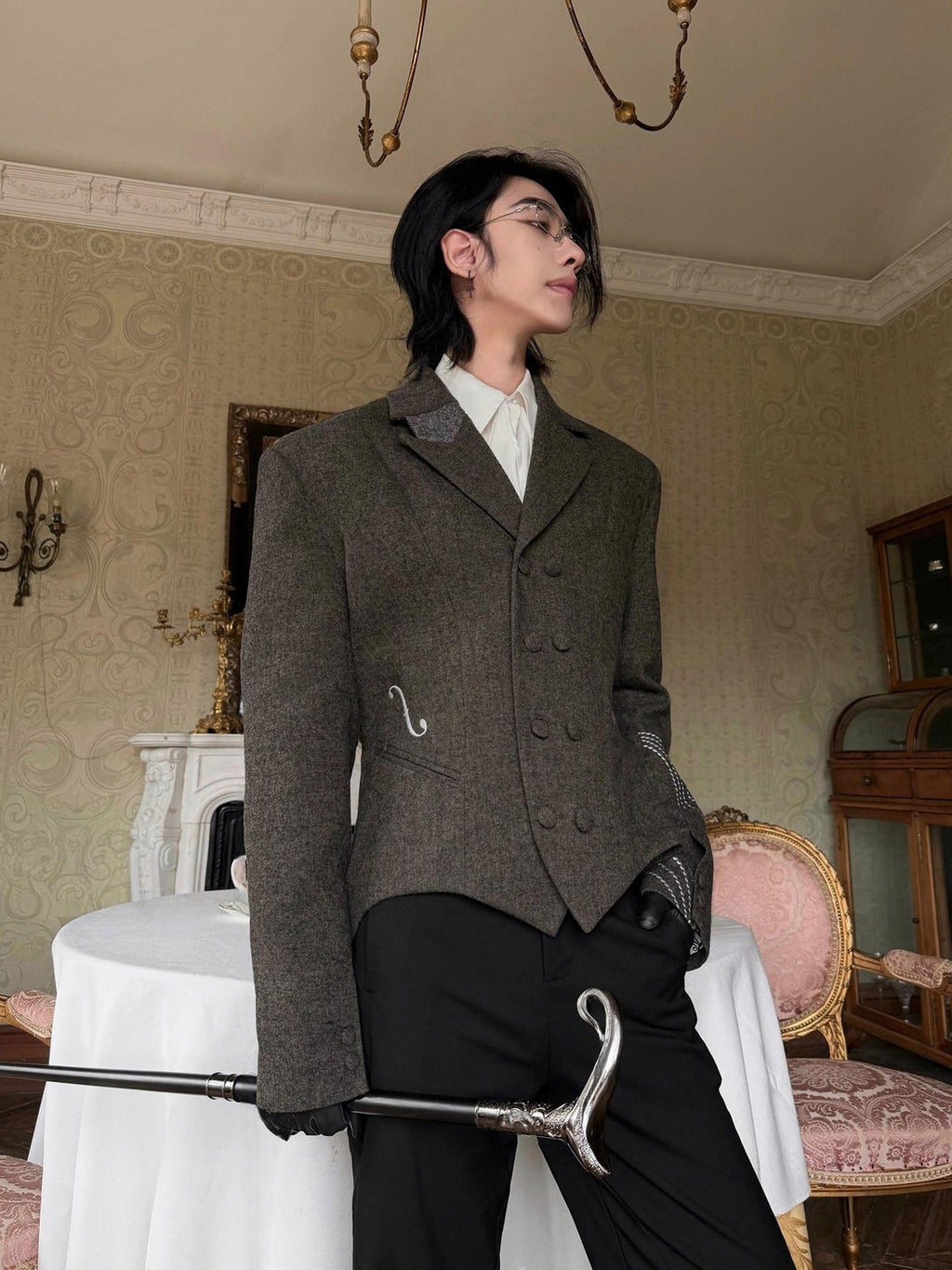 BALITONE Soft Wool Blend Notch Lapel Button Detail Unisex Olive Brown Embroidered Blazers