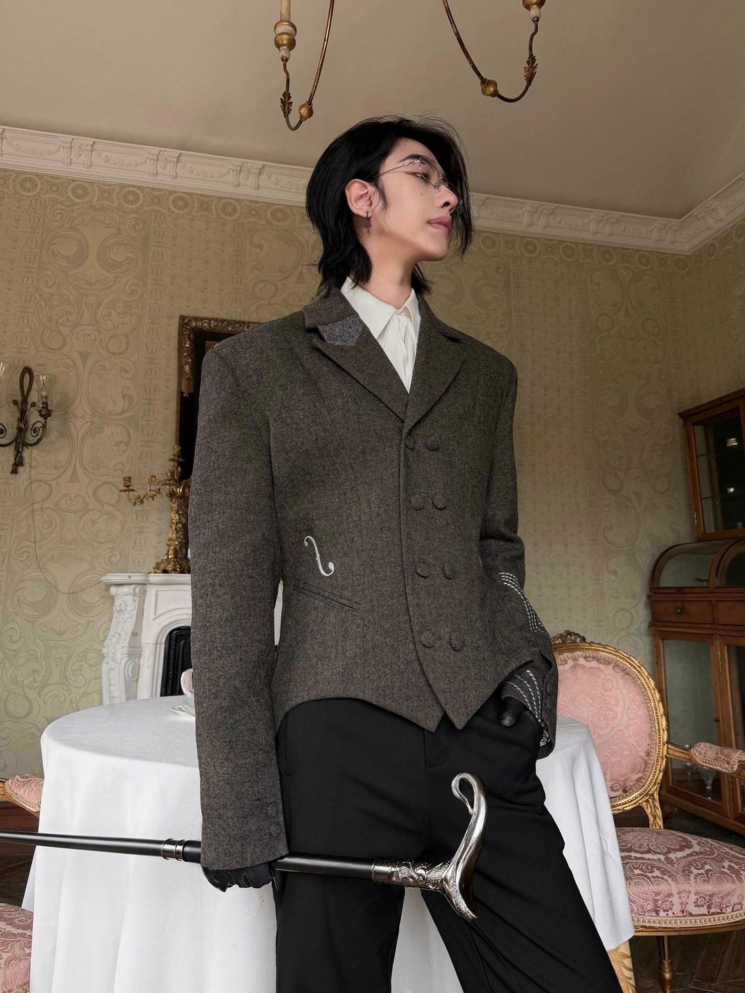 BALITONE Soft Wool Blend Notch Lapel Button Detail Unisex Olive Brown Embroidered Blazers