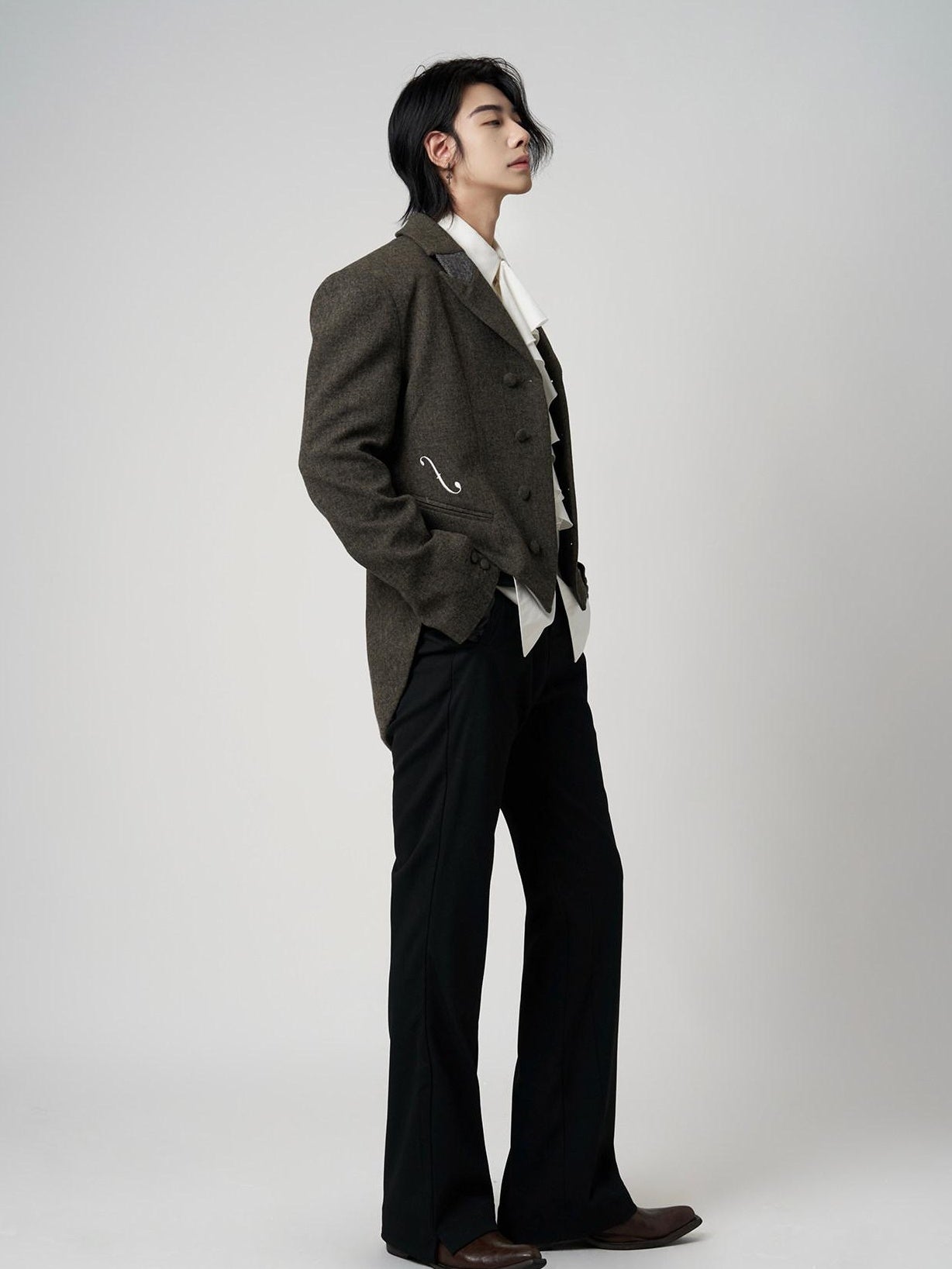 BALITONE Soft Wool Blend Notch Lapel Button Detail Unisex Olive Brown Embroidered Blazers