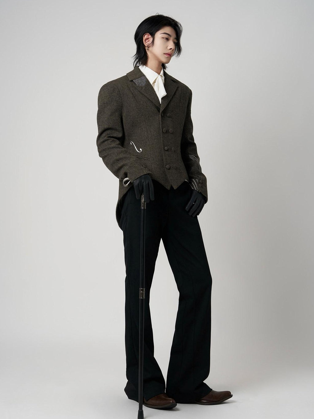 BALITONE Soft Wool Blend Notch Lapel Button Detail Unisex Olive Brown Embroidered Blazers