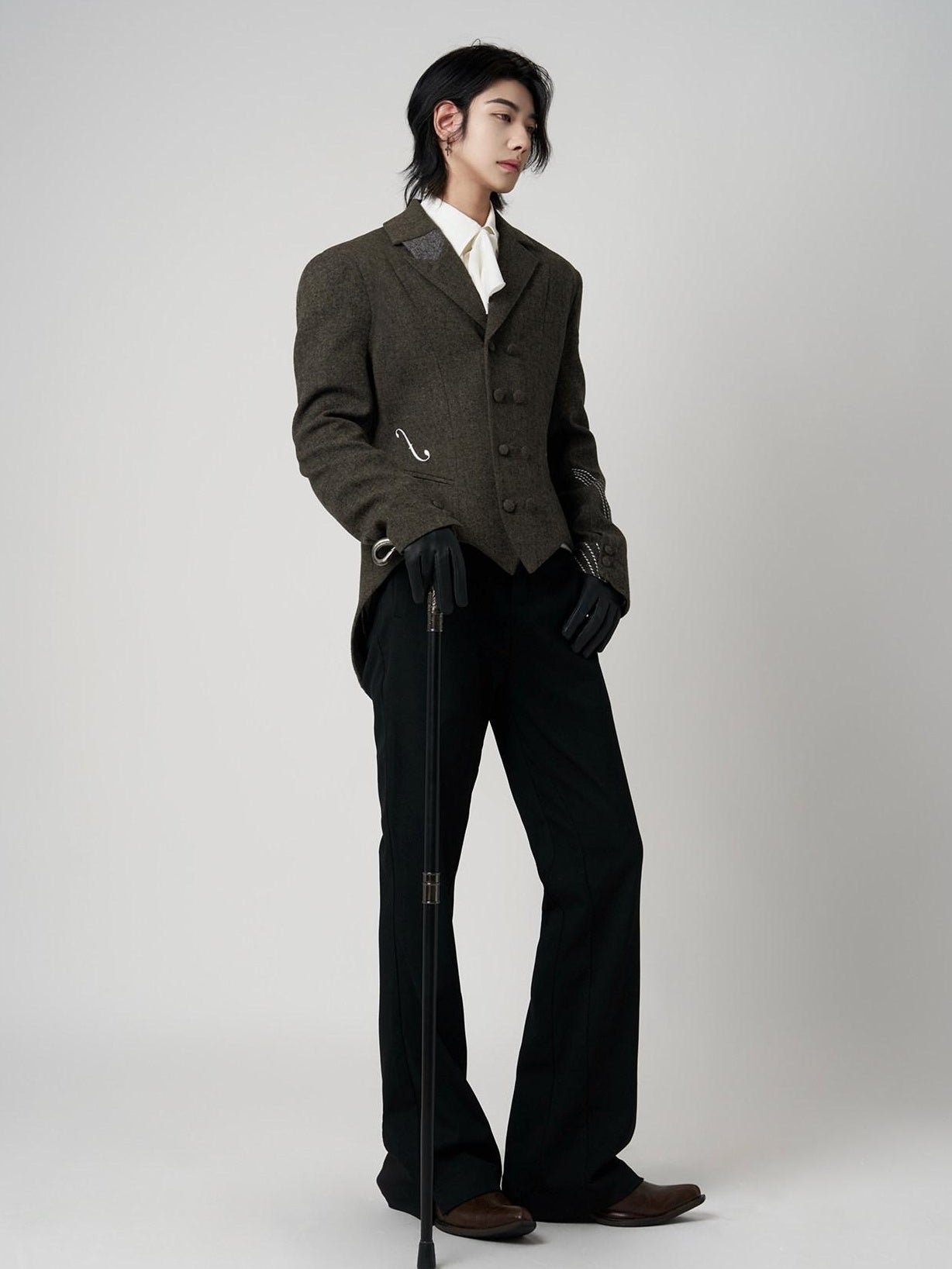 BALITONE Soft Wool Blend Notch Lapel Button Detail Unisex Olive Brown Embroidered Blazers