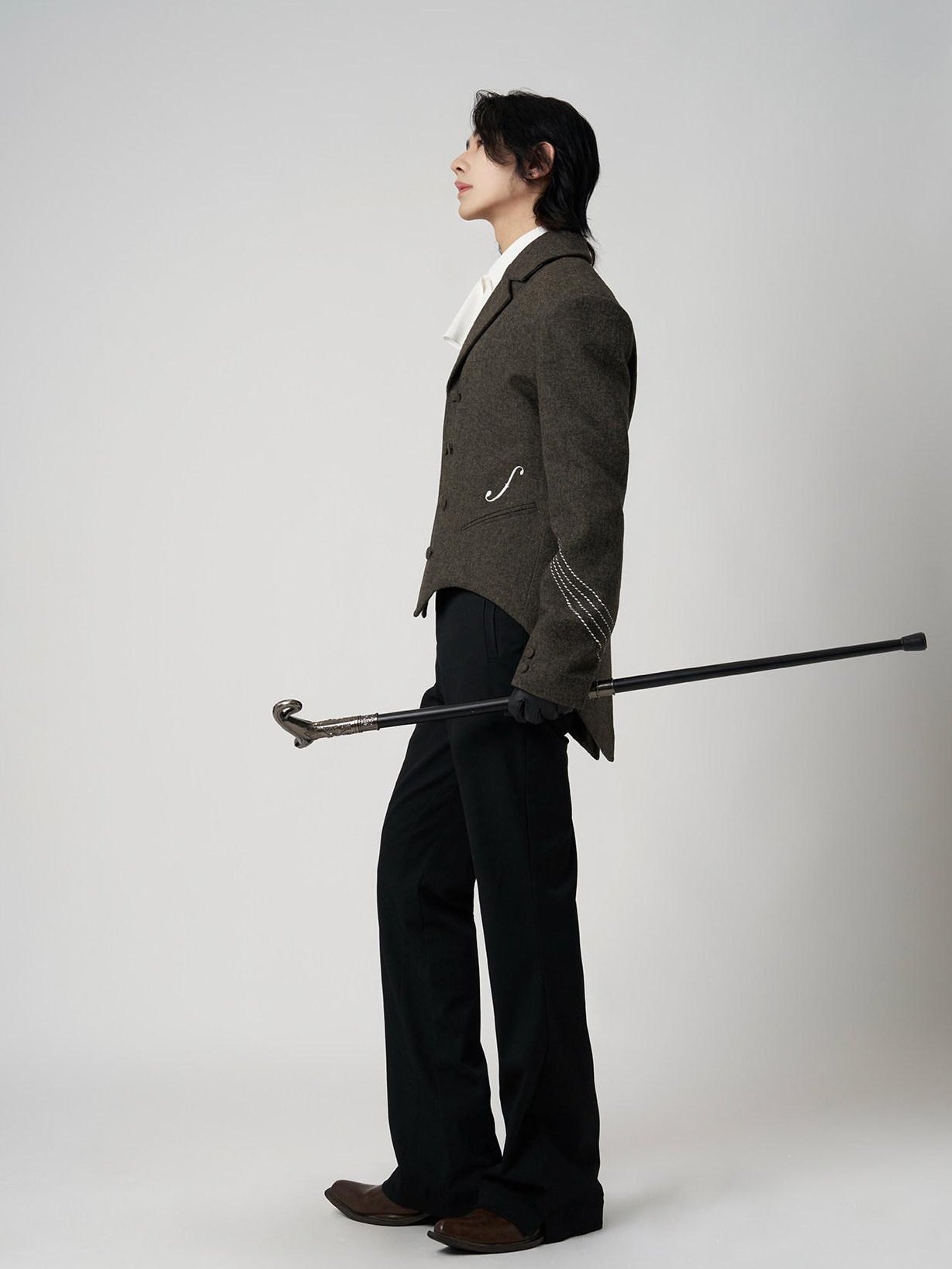 BALITONE Soft Wool Blend Notch Lapel Button Detail Unisex Olive Brown Embroidered Blazers