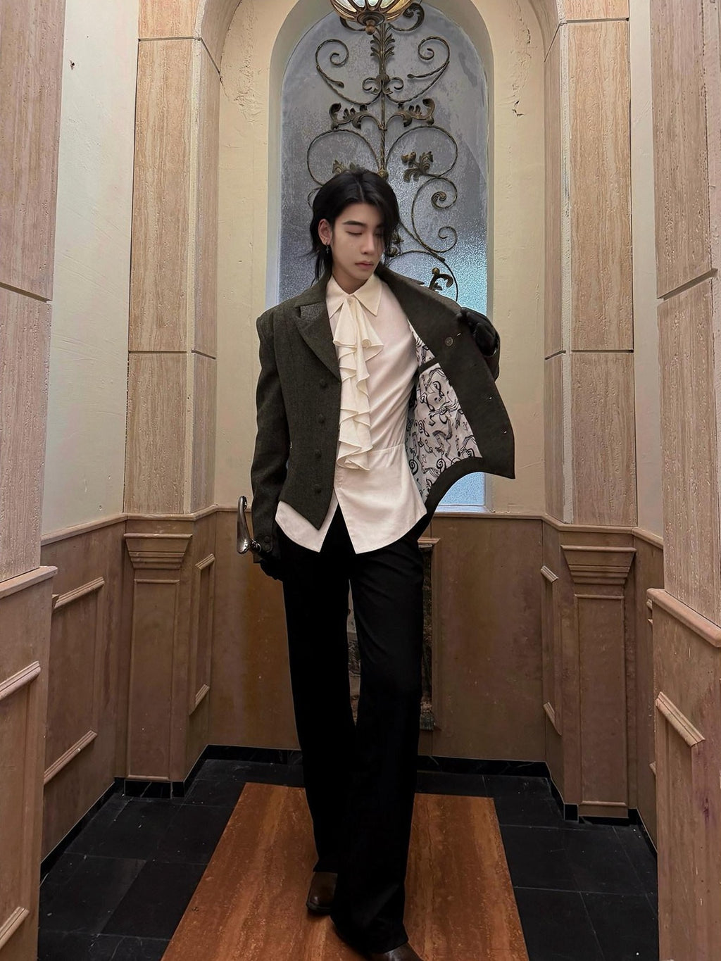 BALITONE Soft Wool Blend Notch Lapel Button Detail Unisex Olive Brown Embroidered Blazers