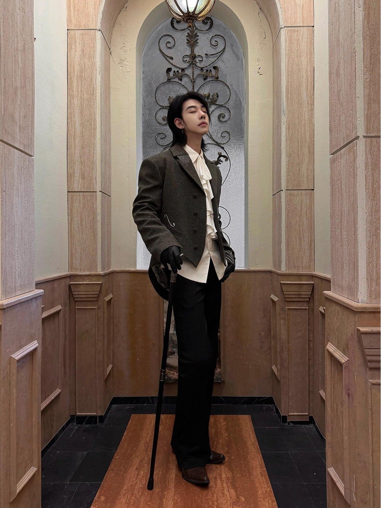 BALITONE Soft Wool Blend Notch Lapel Button Detail Unisex Olive Brown Embroidered Blazers