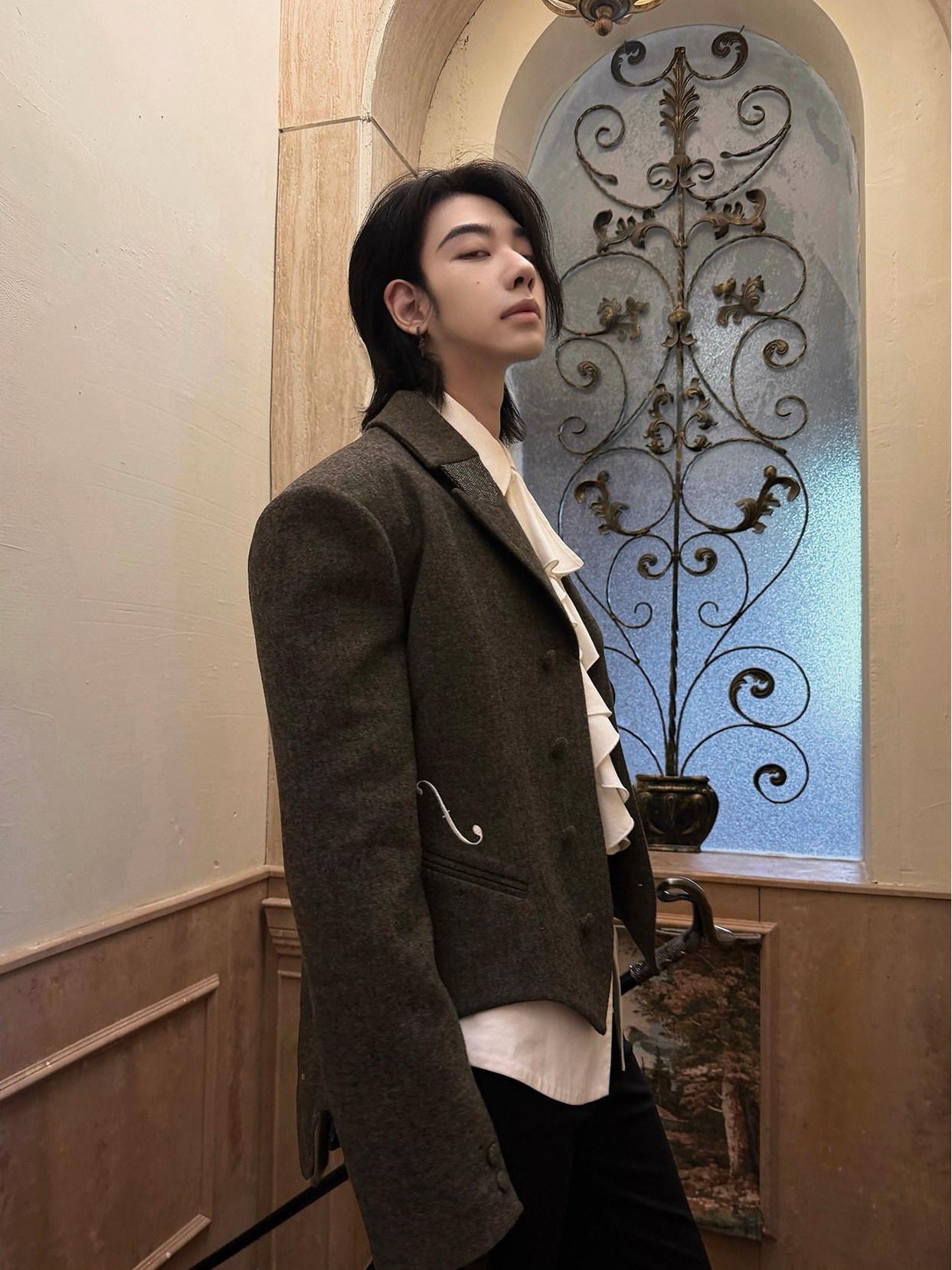 BALITONE Soft Wool Blend Notch Lapel Button Detail Unisex Olive Brown Embroidered Blazers