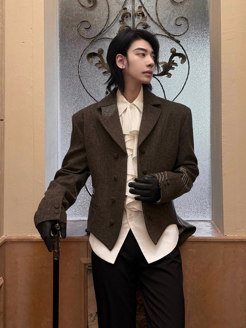 BALITONE Soft Wool Blend Notch Lapel Button Detail Unisex Olive Brown Embroidered Blazers