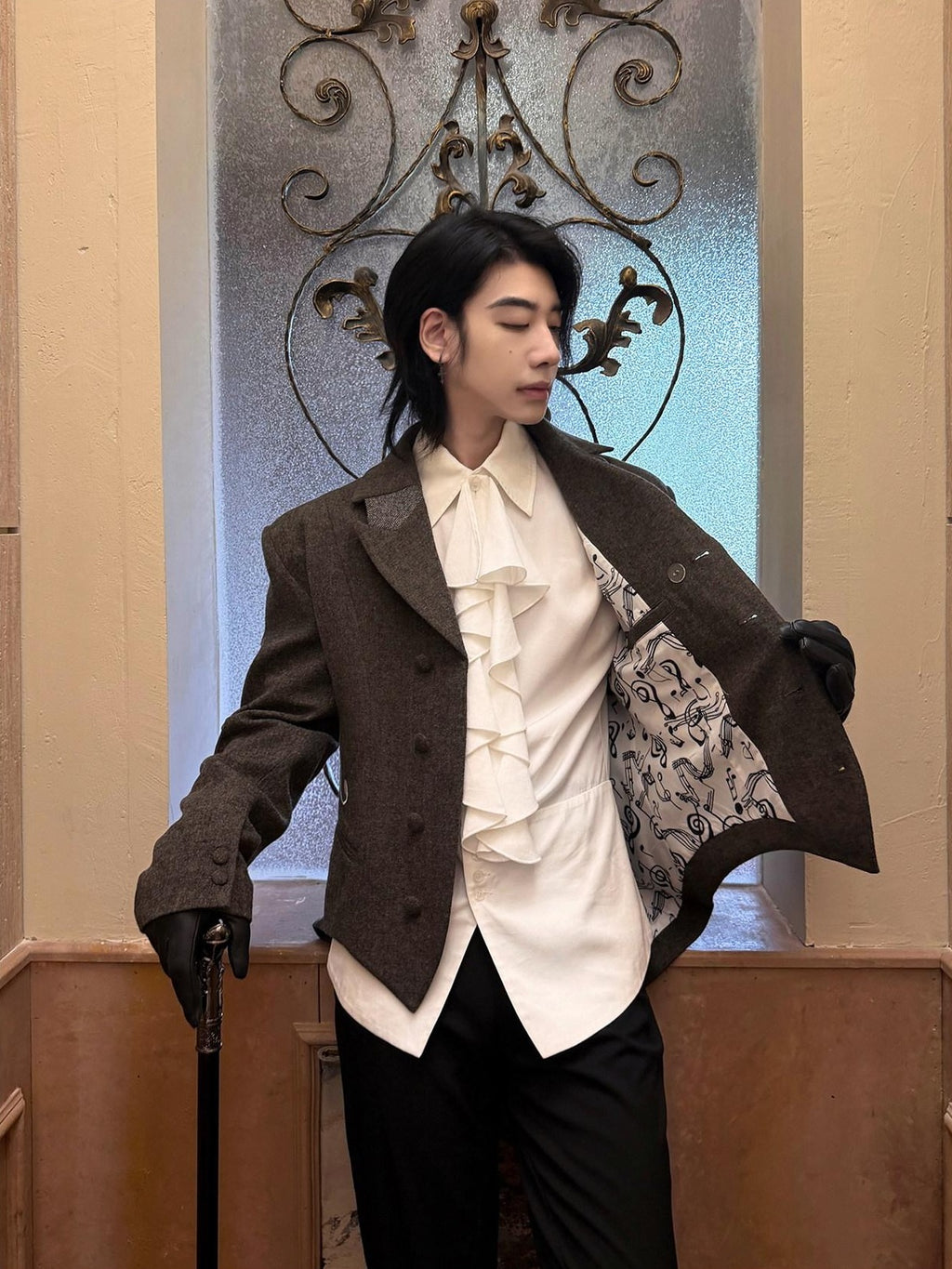 BALITONE Soft Wool Blend Notch Lapel Button Detail Unisex Olive Brown Embroidered Blazers