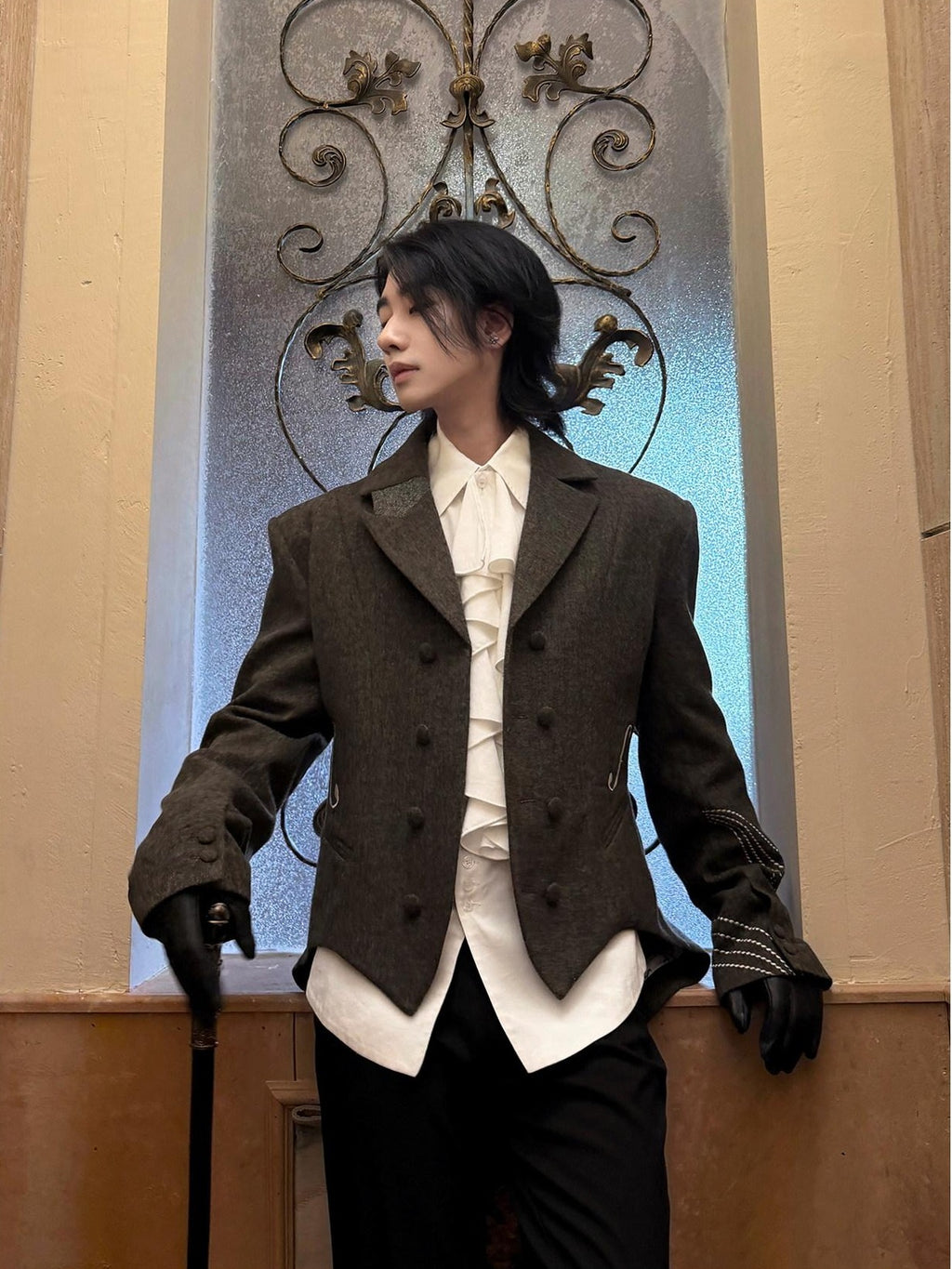 BALITONE Soft Wool Blend Notch Lapel Button Detail Unisex Olive Brown Embroidered Blazers