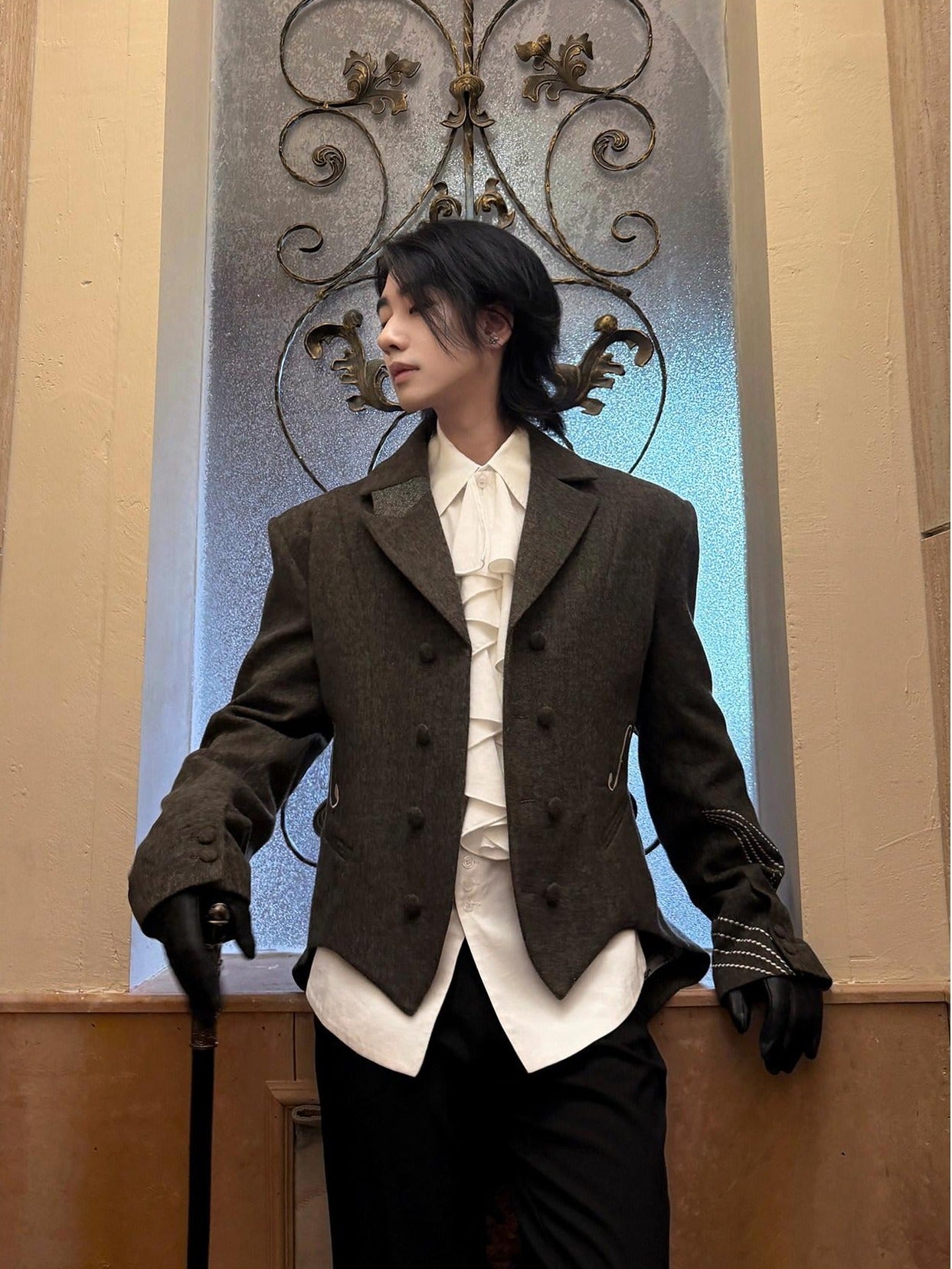 BALITONE Soft Wool Blend Notch Lapel Button Detail Unisex Olive Brown Embroidered Blazers