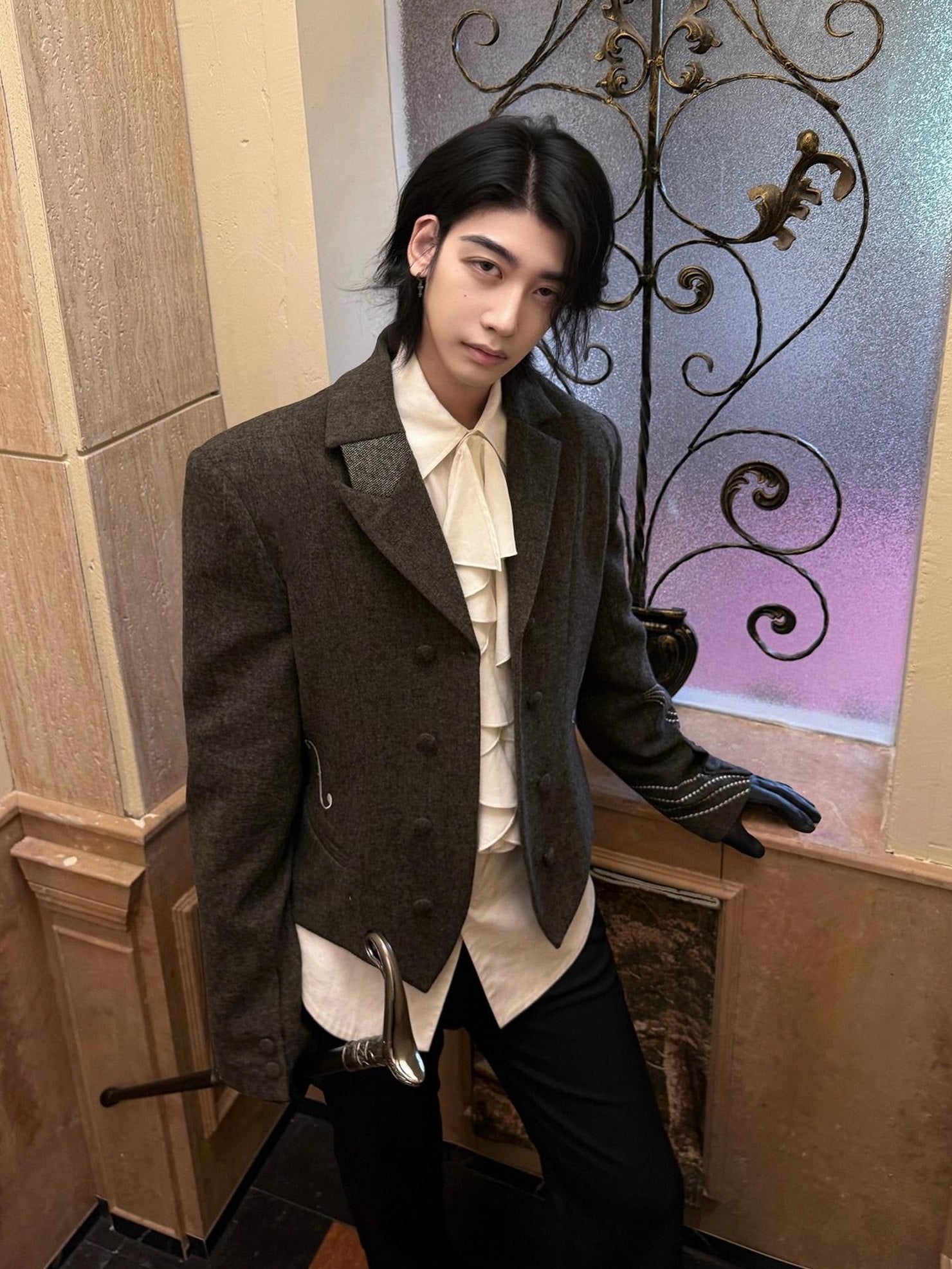 BALITONE Soft Wool Blend Notch Lapel Button Detail Unisex Olive Brown Embroidered Blazers