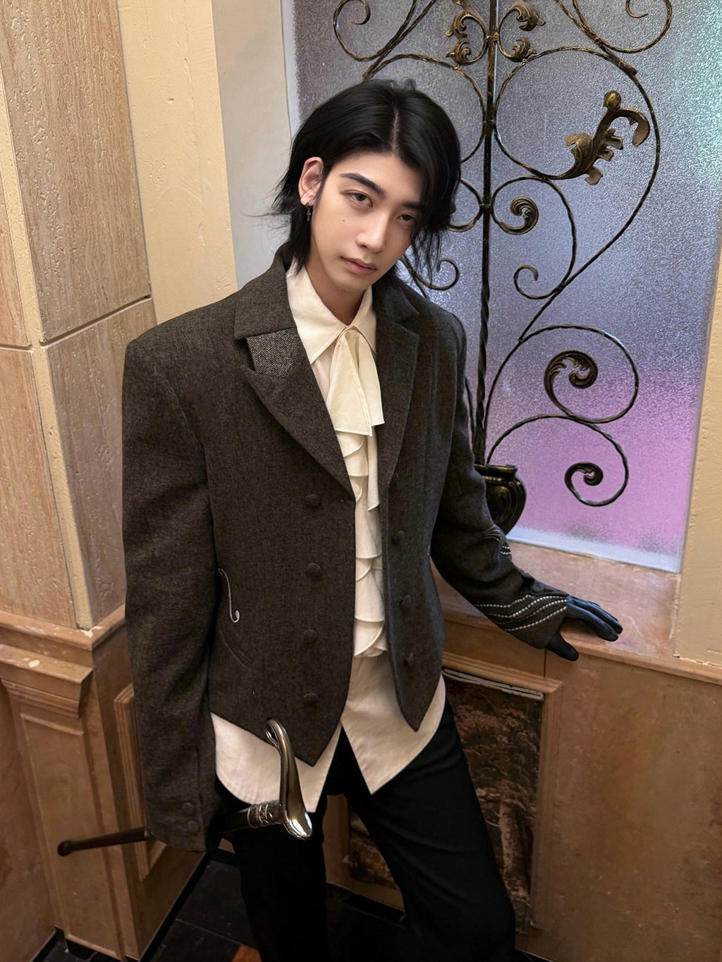 BALITONE Soft Wool Blend Notch Lapel Button Detail Unisex Olive Brown Embroidered Blazers