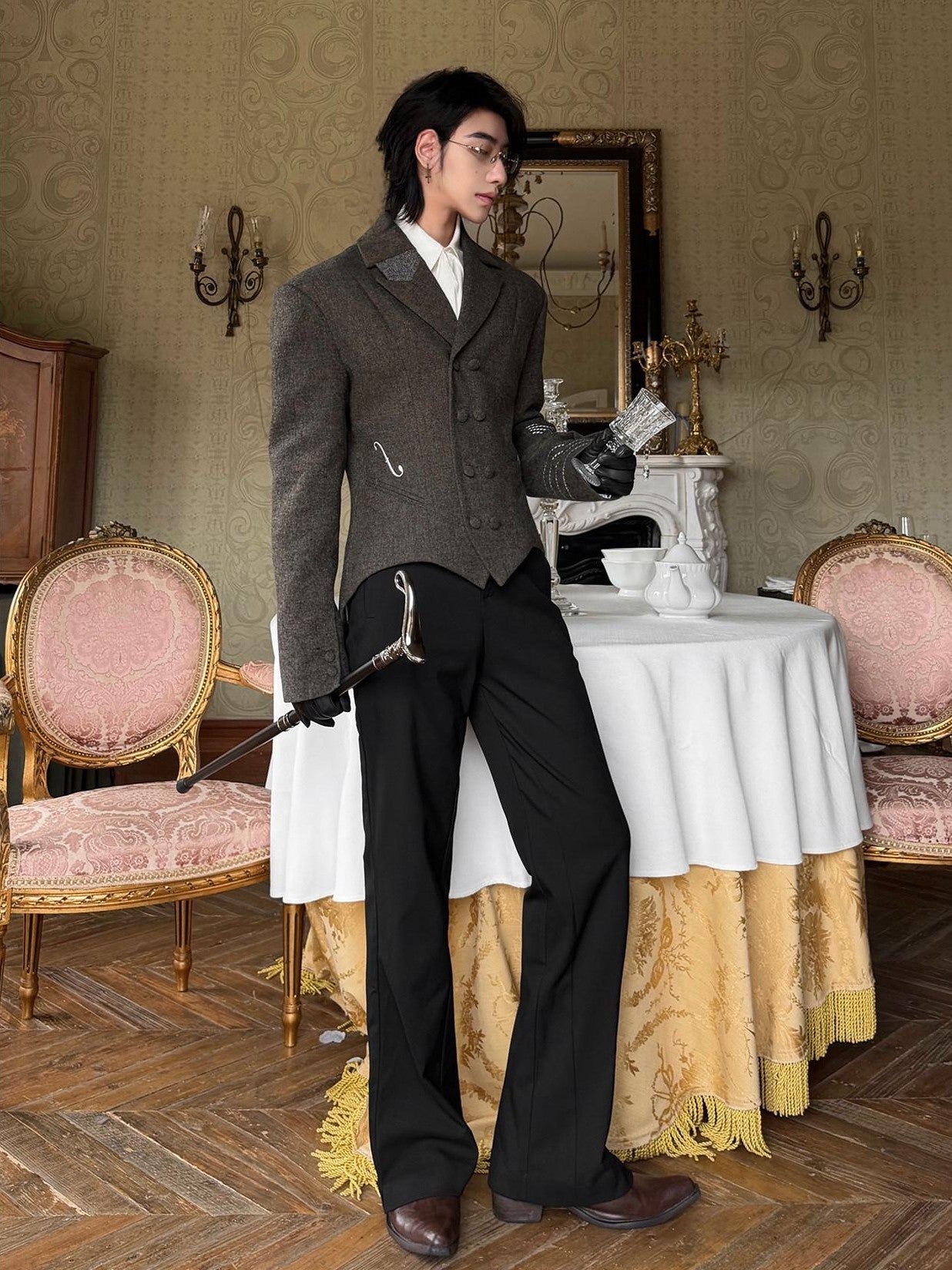 BALITONE Soft Wool Blend Notch Lapel Button Detail Unisex Olive Brown Embroidered Blazers