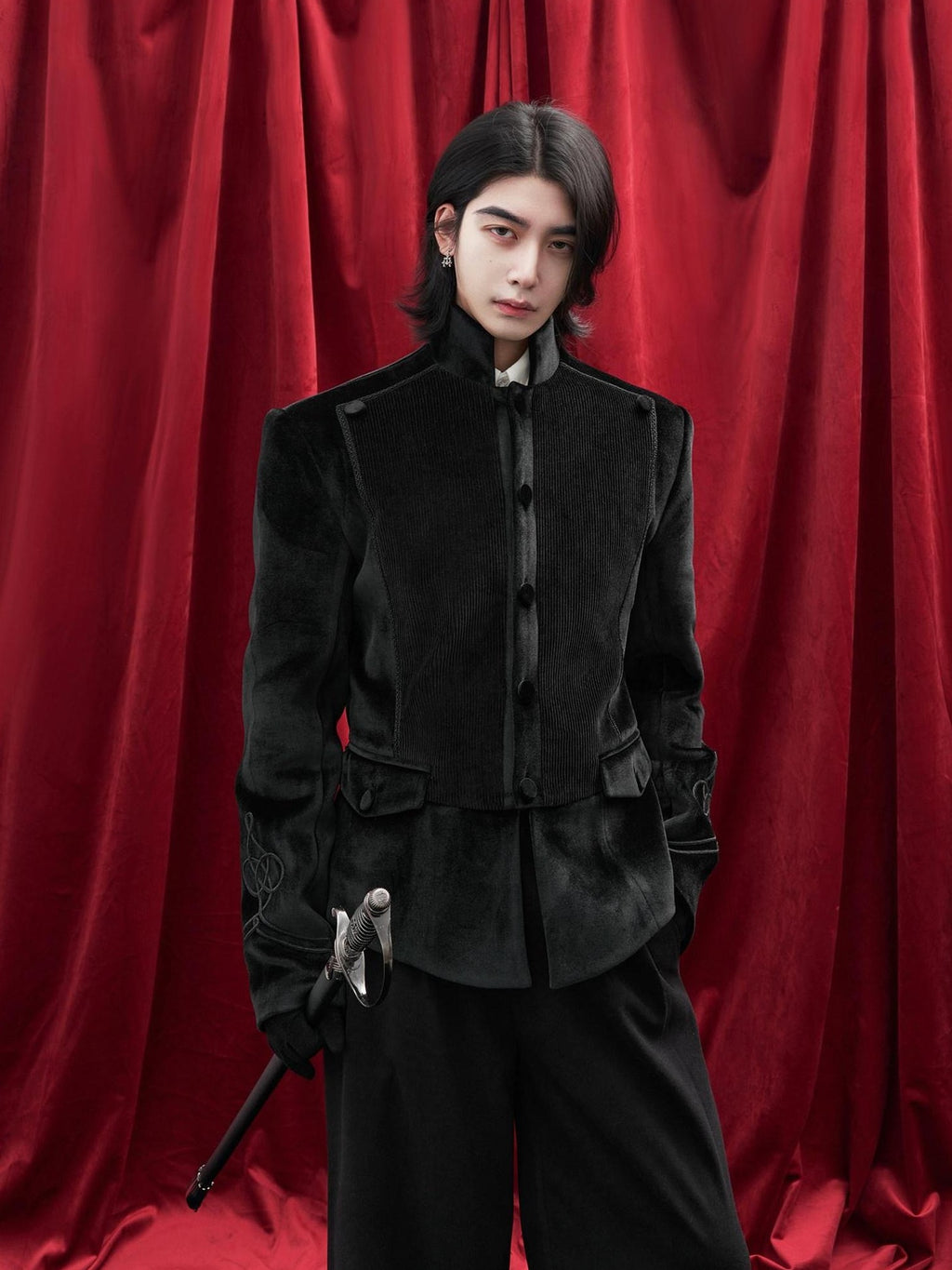 BALITONE Velvet Slim Single Button Waterproof Premium Black Mandarin-Collar Blazers