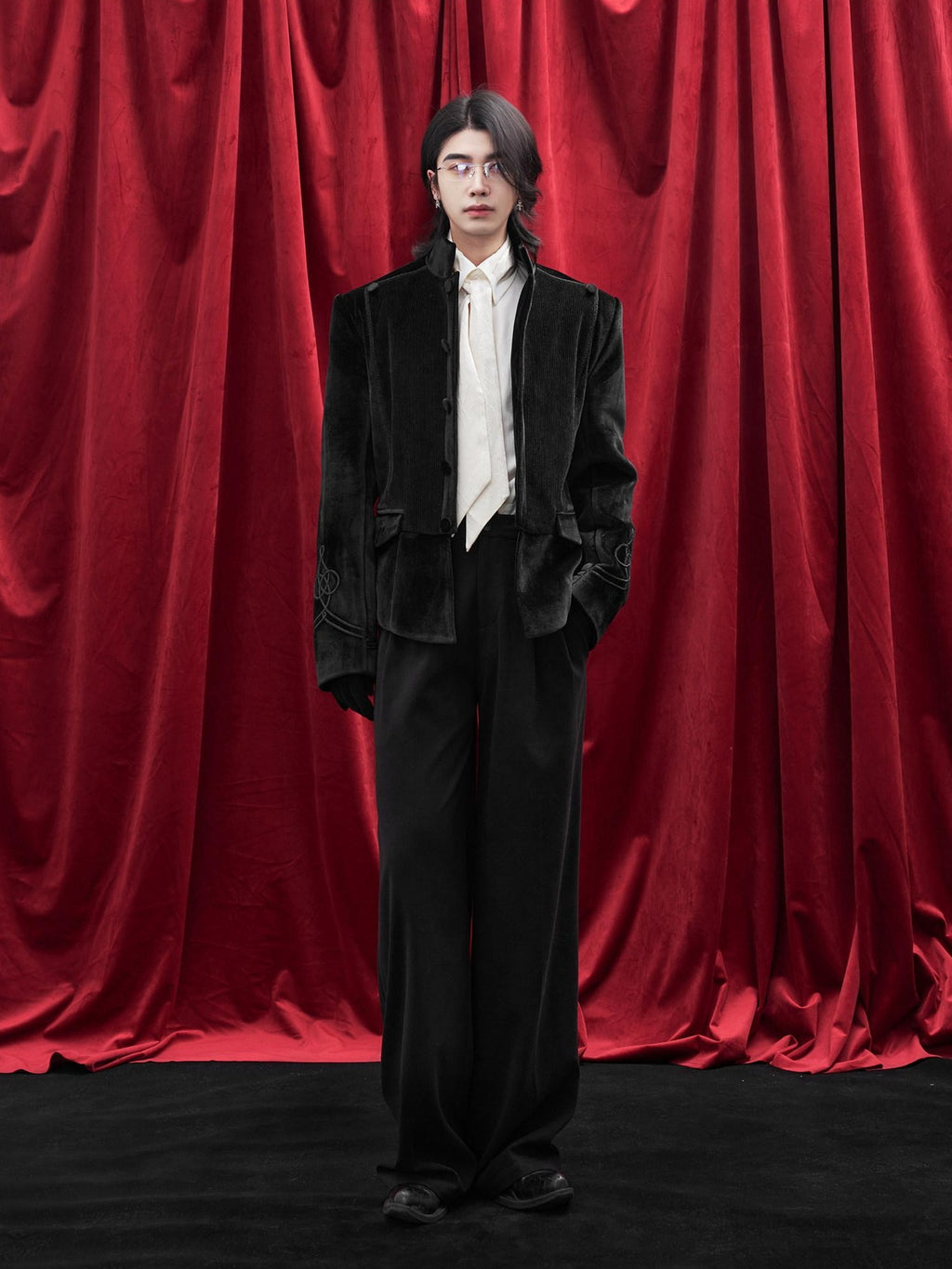 BALITONE Velvet Slim Single Button Waterproof Premium Black Mandarin-Collar Blazers