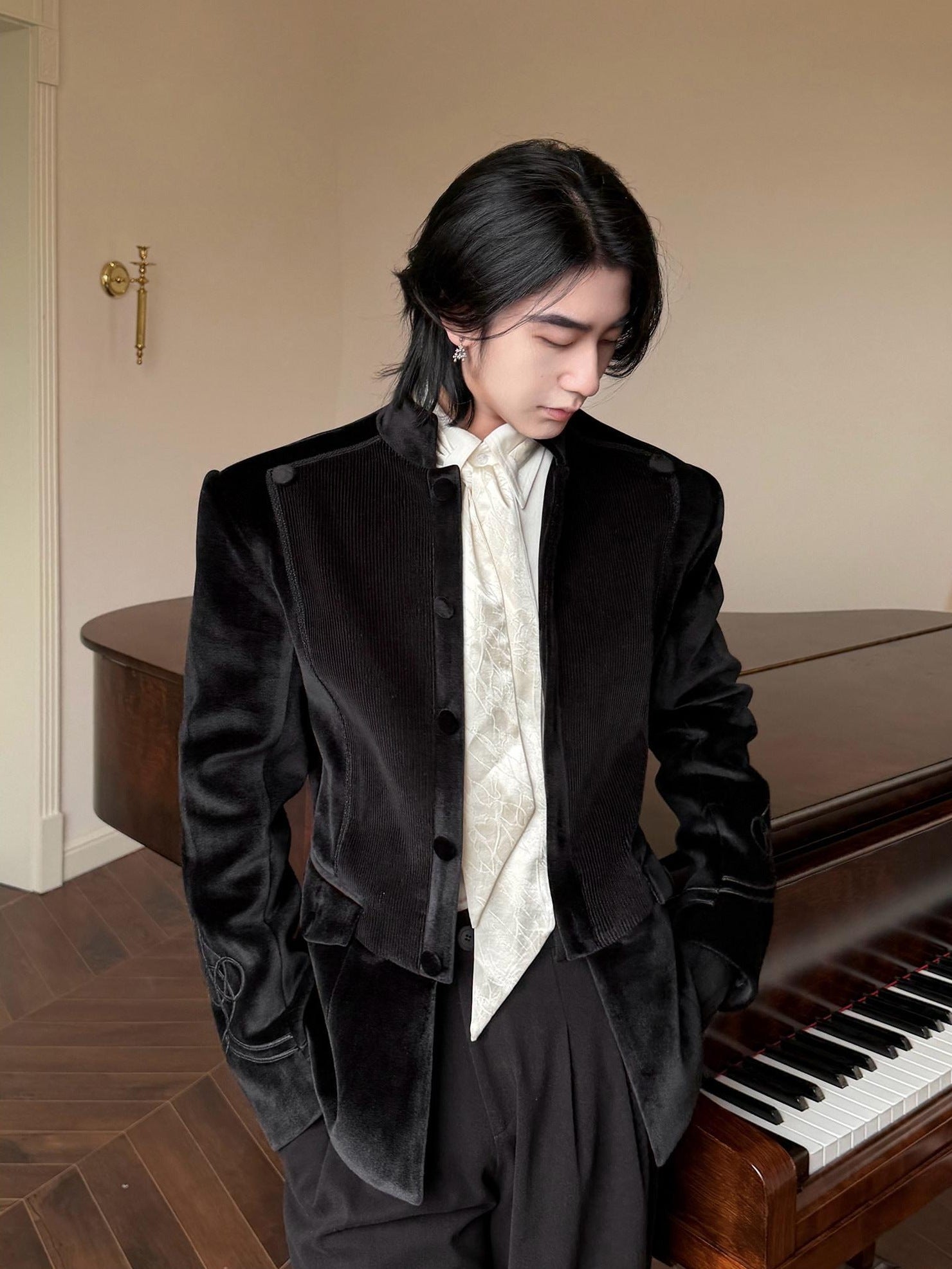 BALITONE Velvet Slim Single Button Waterproof Premium Black Mandarin-Collar Blazers