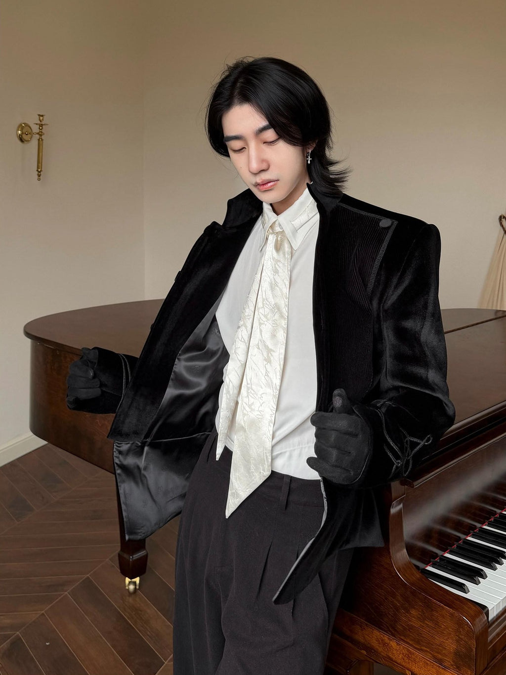 BALITONE Velvet Slim Single Button Waterproof Premium Black Mandarin-Collar Blazers