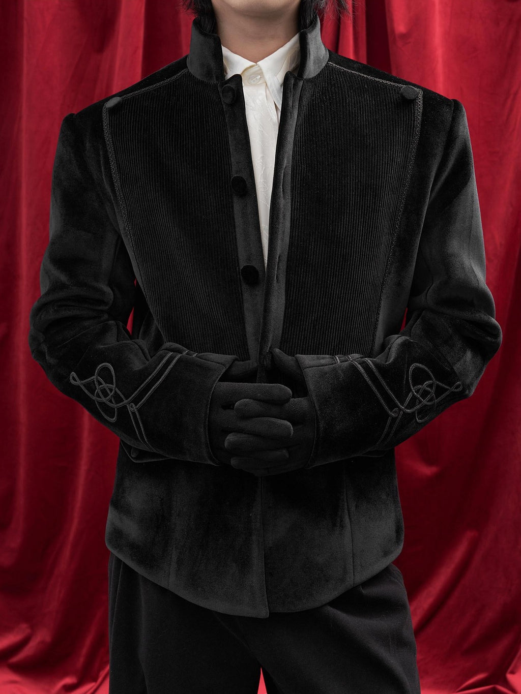 BALITONE Velvet Slim Single Button Waterproof Premium Black Mandarin-Collar Blazers