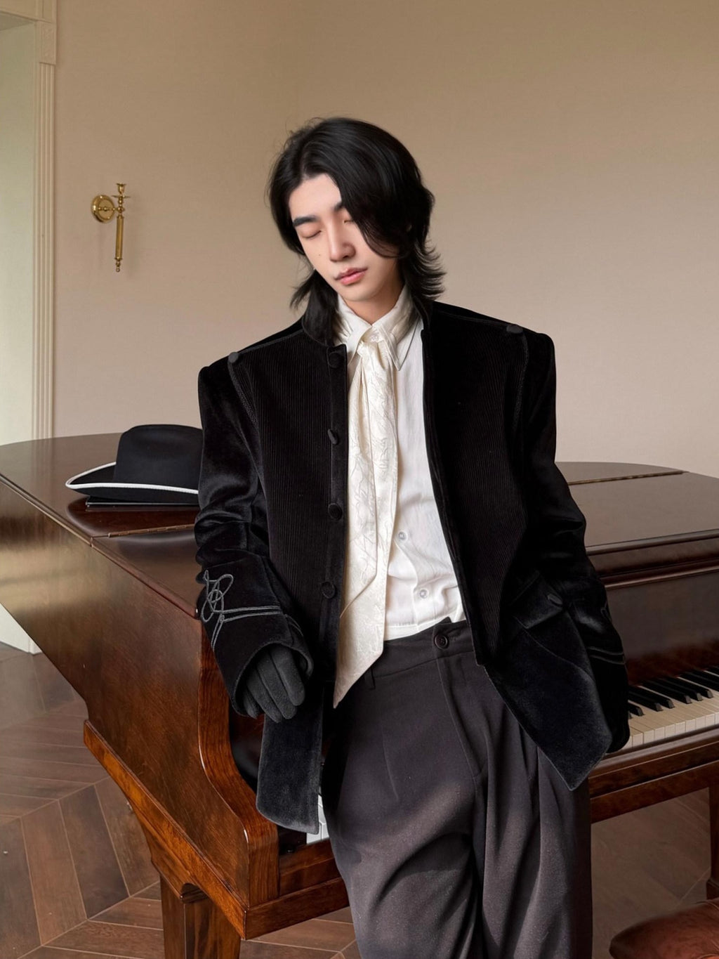 BALITONE Velvet Slim Single Button Waterproof Premium Black Mandarin-Collar Blazers
