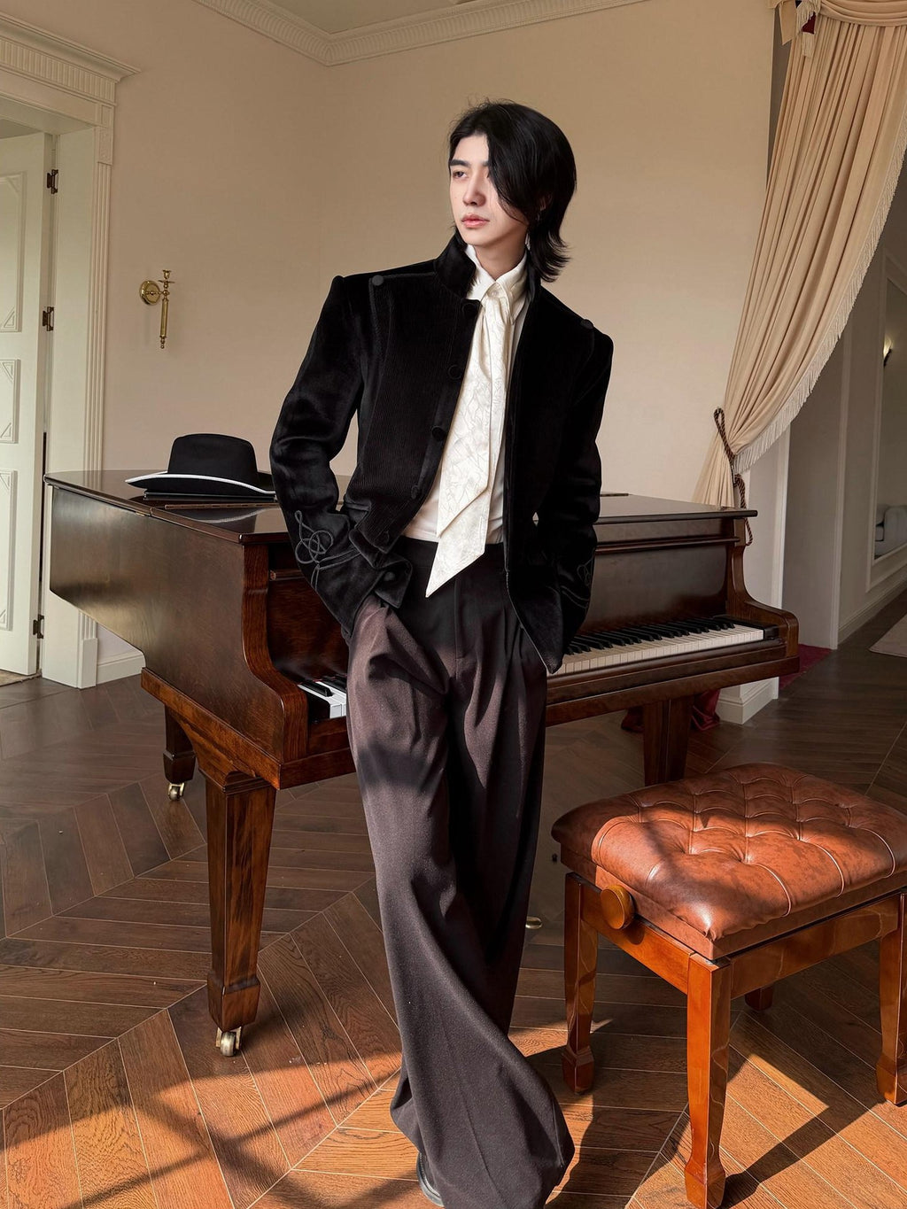 BALITONE Velvet Slim Single Button Waterproof Premium Black Mandarin-Collar Blazers