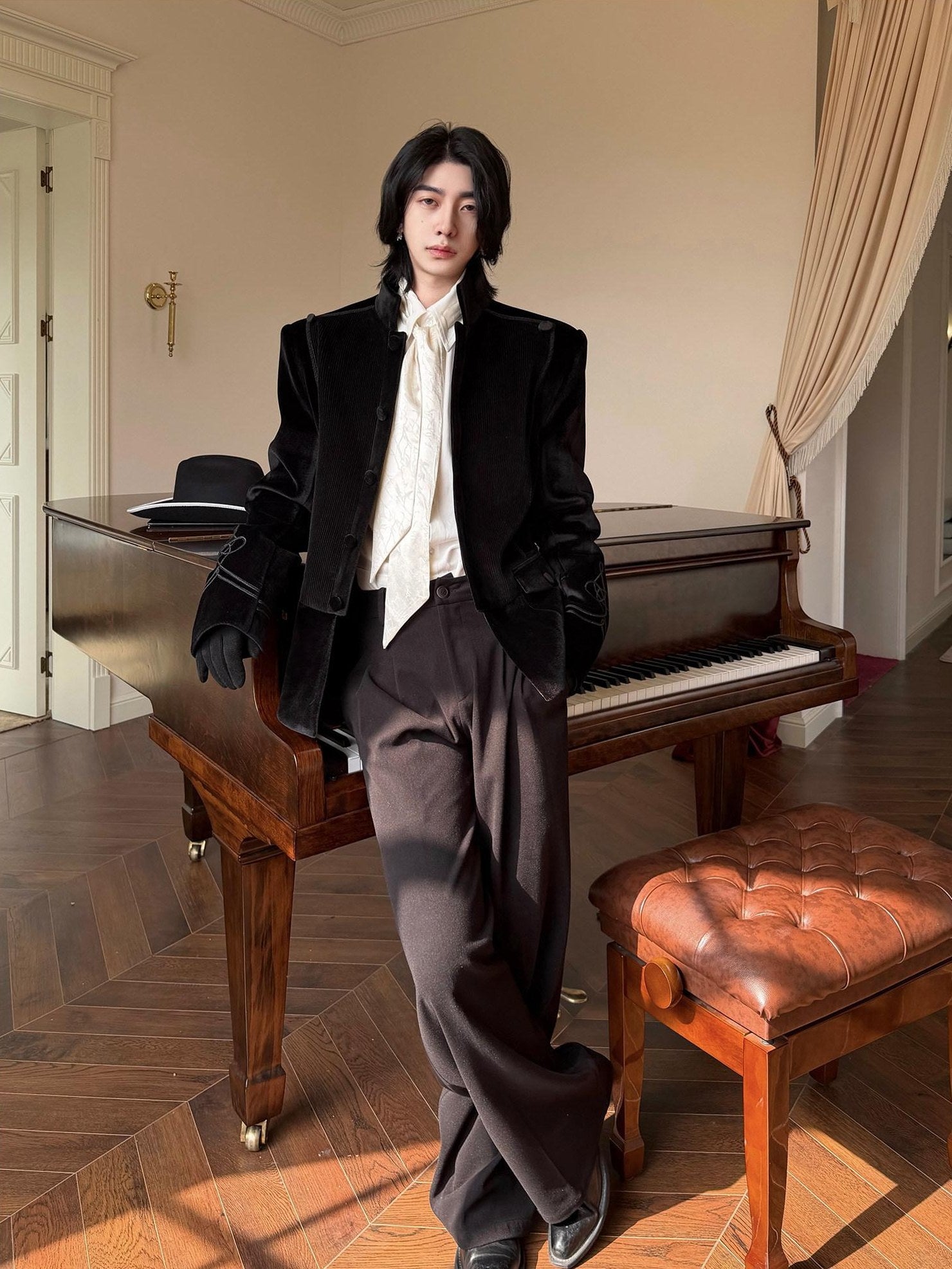 BALITONE Velvet Slim Single Button Waterproof Premium Black Mandarin-Collar Blazers