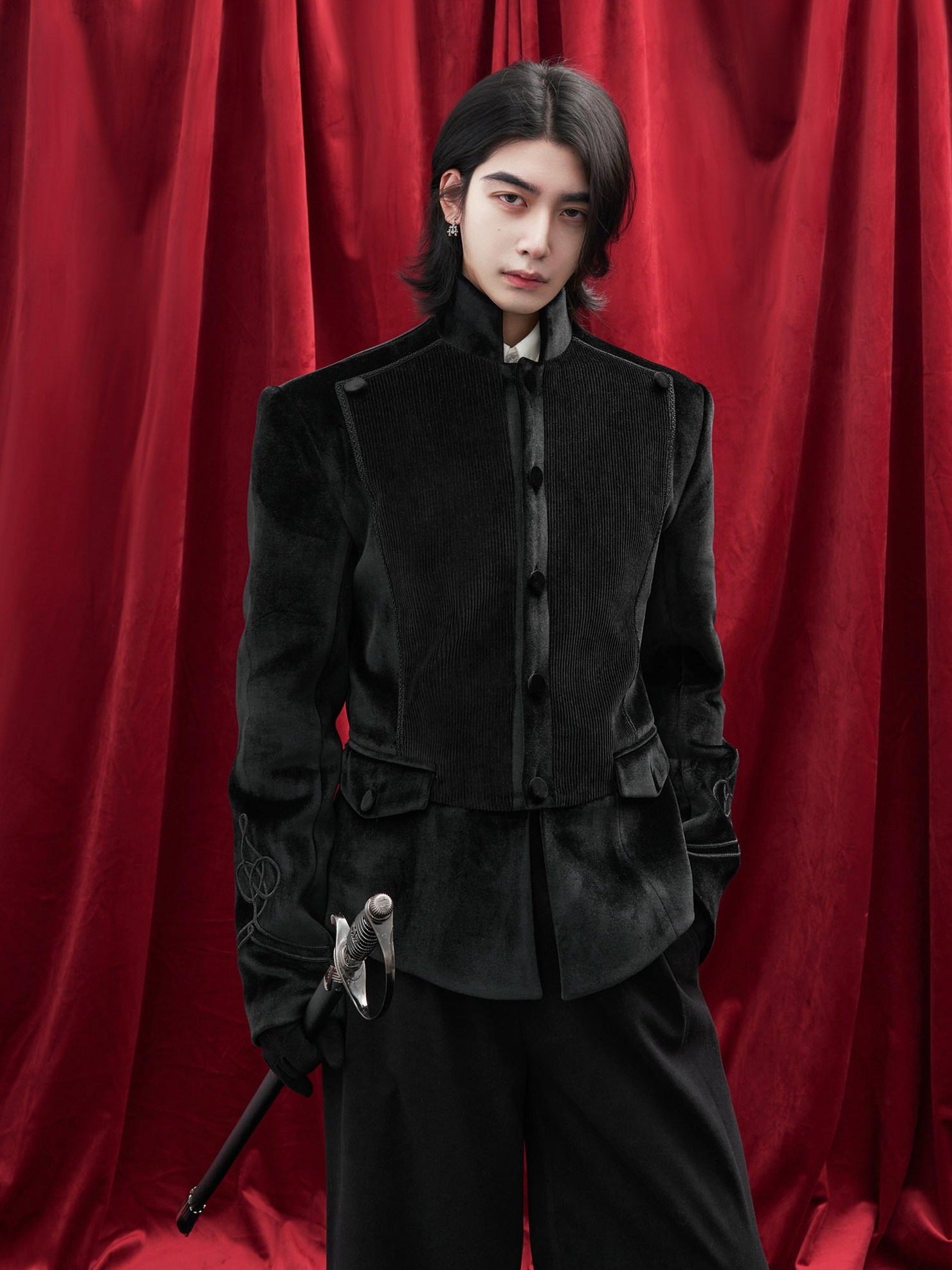BALITONE Velvet Slim Single Button Waterproof Premium Black Mandarin-Collar Blazers