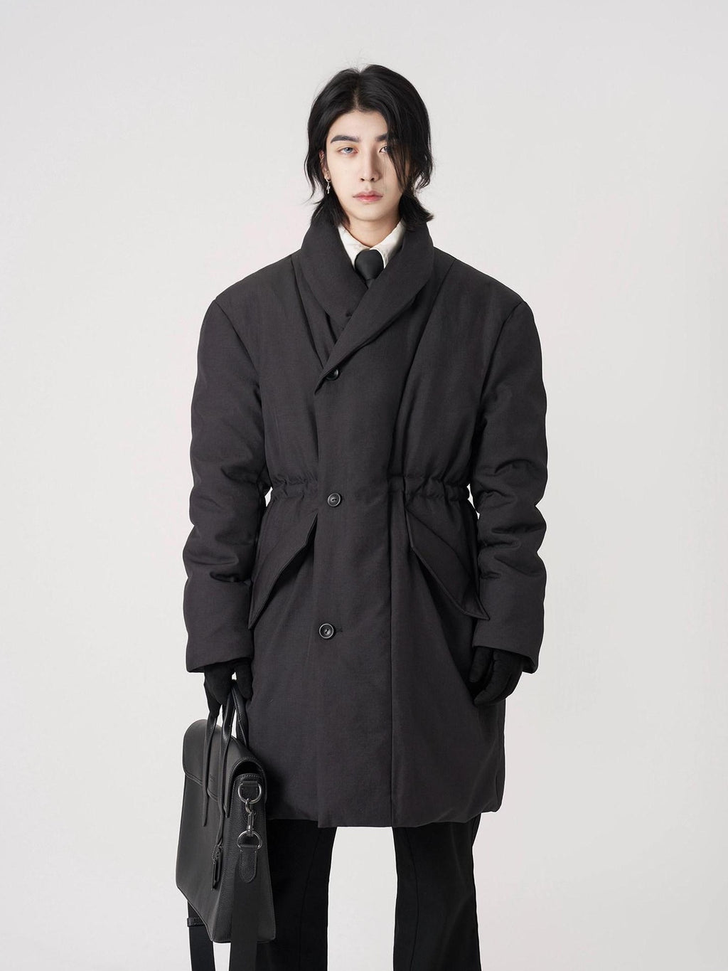 BALITONE Warm Insulated Loose Cleanfit Midlength Lapel Button Black Puffer Down Jackets