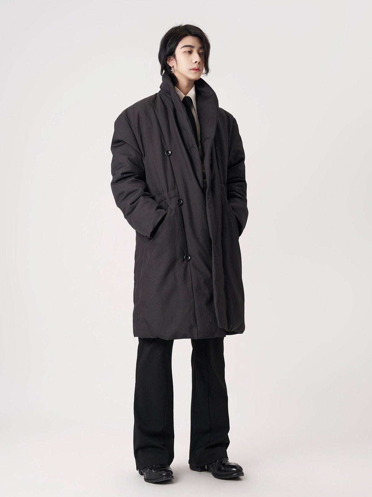 BALITONE Warm Insulated Loose Cleanfit Midlength Lapel Button Black Puffer Down Jackets