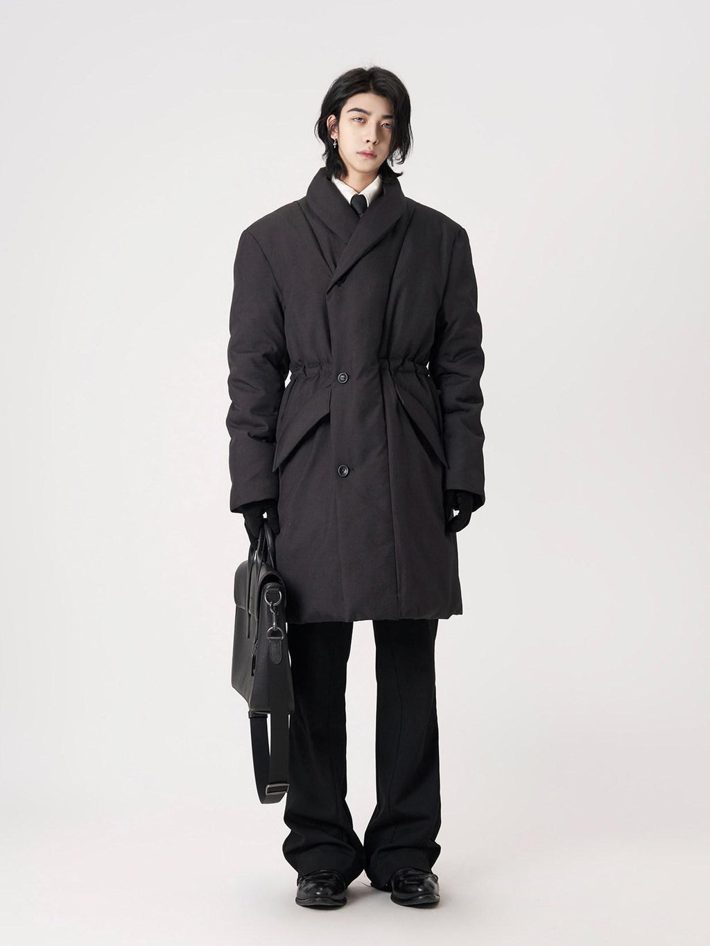 BALITONE Warm Insulated Loose Cleanfit Midlength Lapel Button Black Puffer Down Jackets