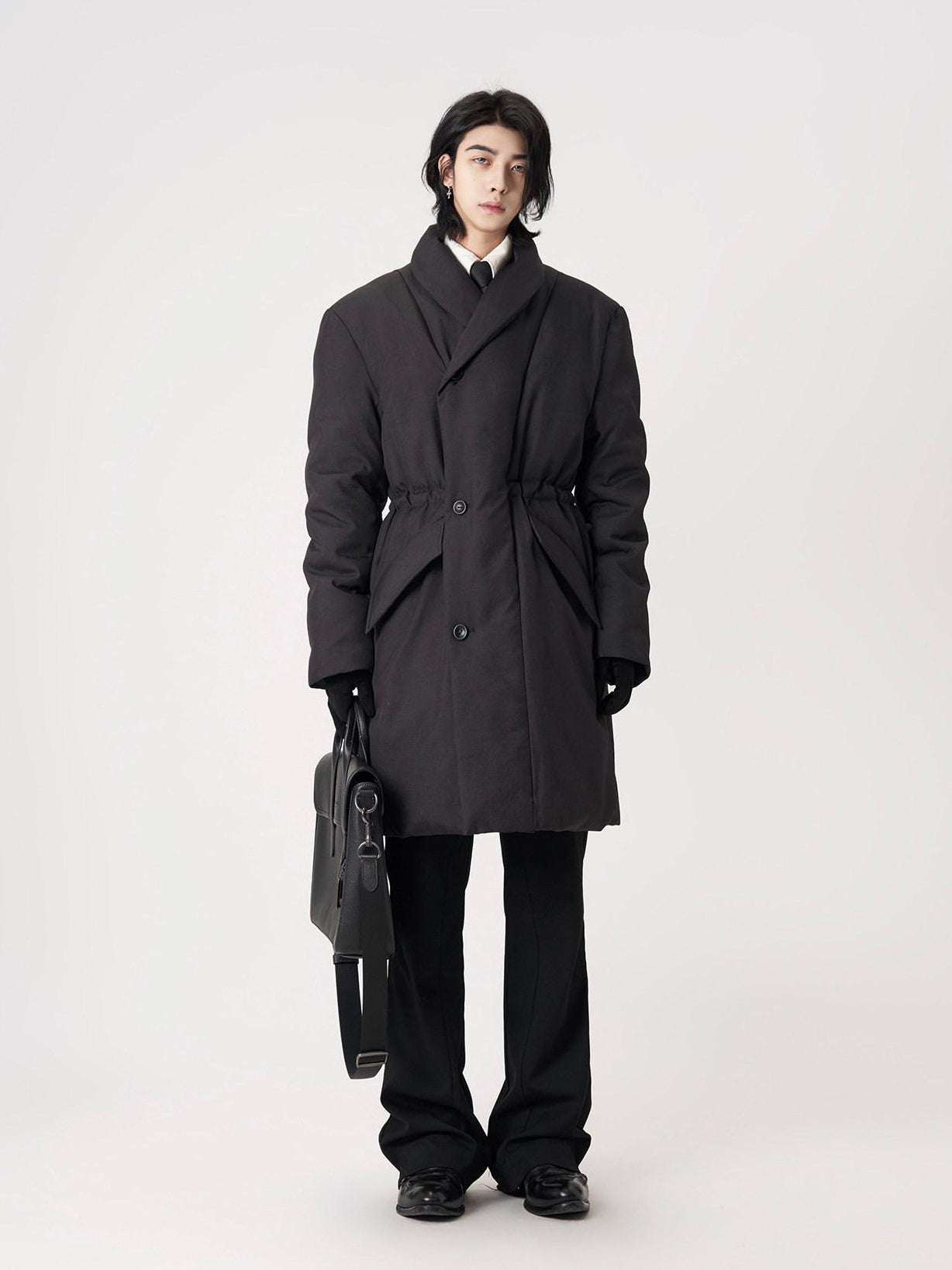 BALITONE Warm Insulated Loose Cleanfit Midlength Lapel Button Black Puffer Down Jackets