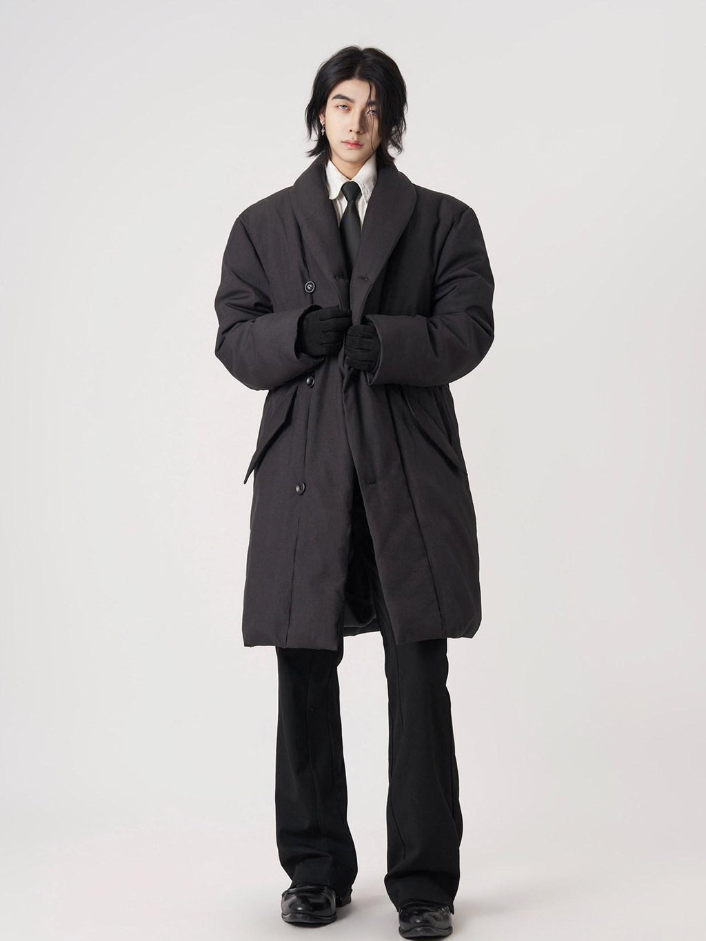 BALITONE Warm Insulated Loose Cleanfit Midlength Lapel Button Black Puffer Down Jackets