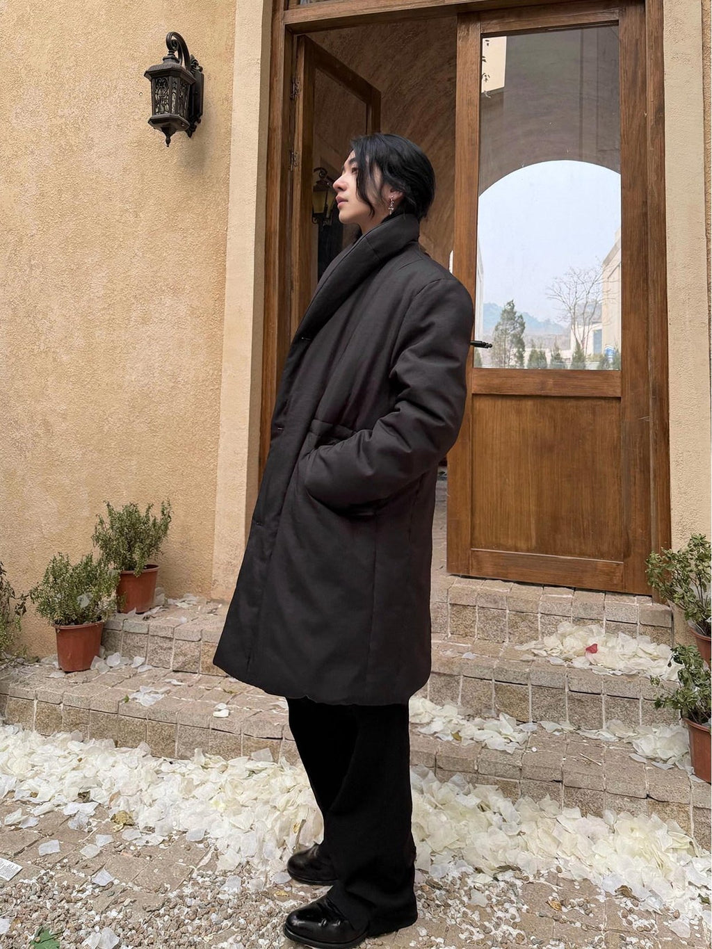 BALITONE Warm Insulated Loose Cleanfit Midlength Lapel Button Black Puffer Down Jackets