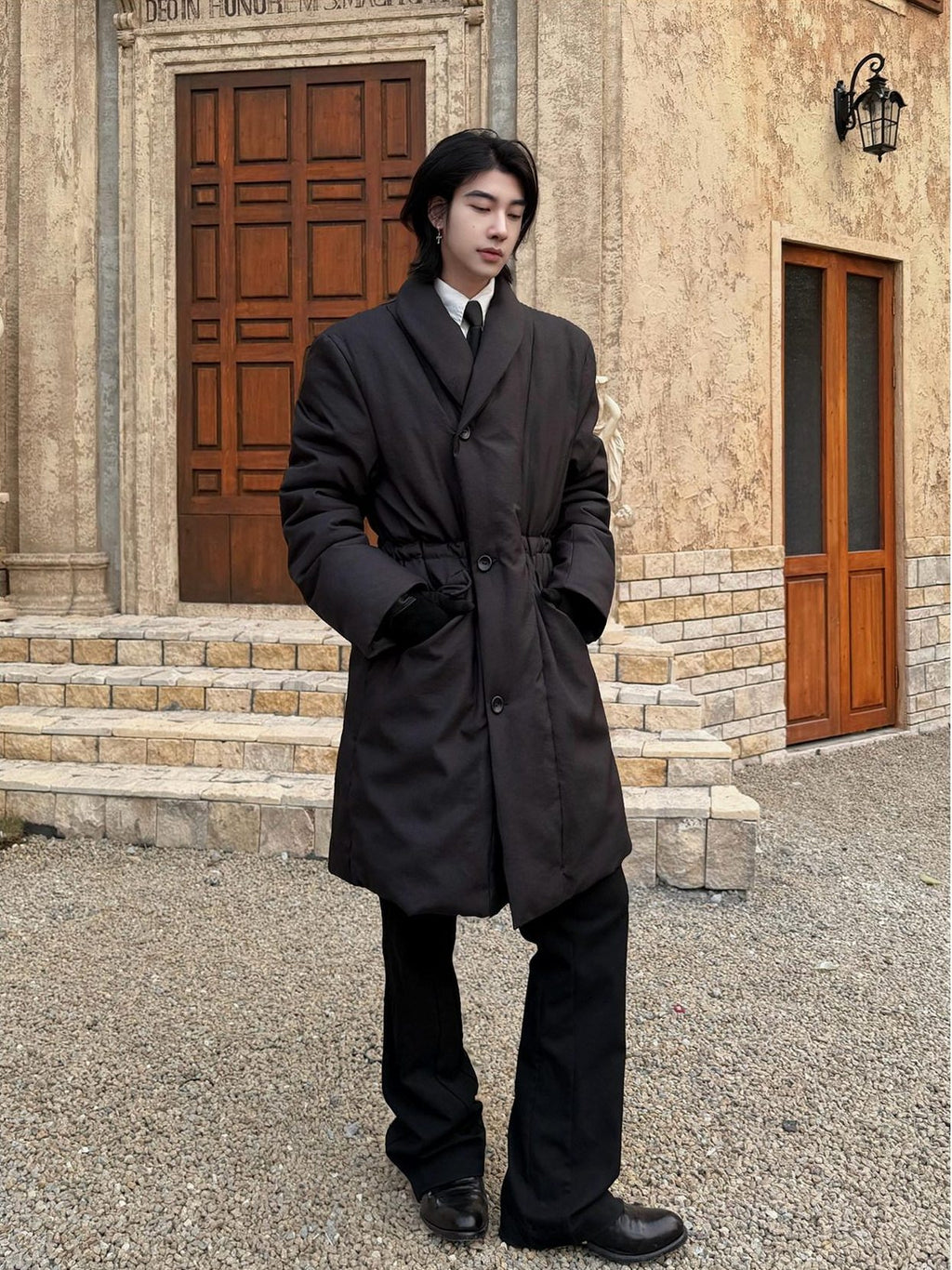 BALITONE Warm Insulated Loose Cleanfit Midlength Lapel Button Black Puffer Down Jackets