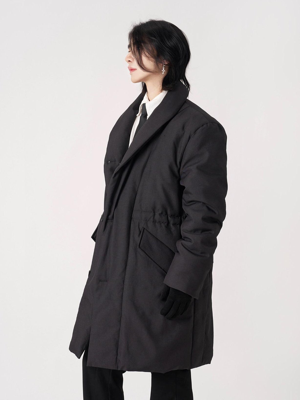 BALITONE Warm Insulated Loose Cleanfit Midlength Lapel Button Black Puffer Down Jackets