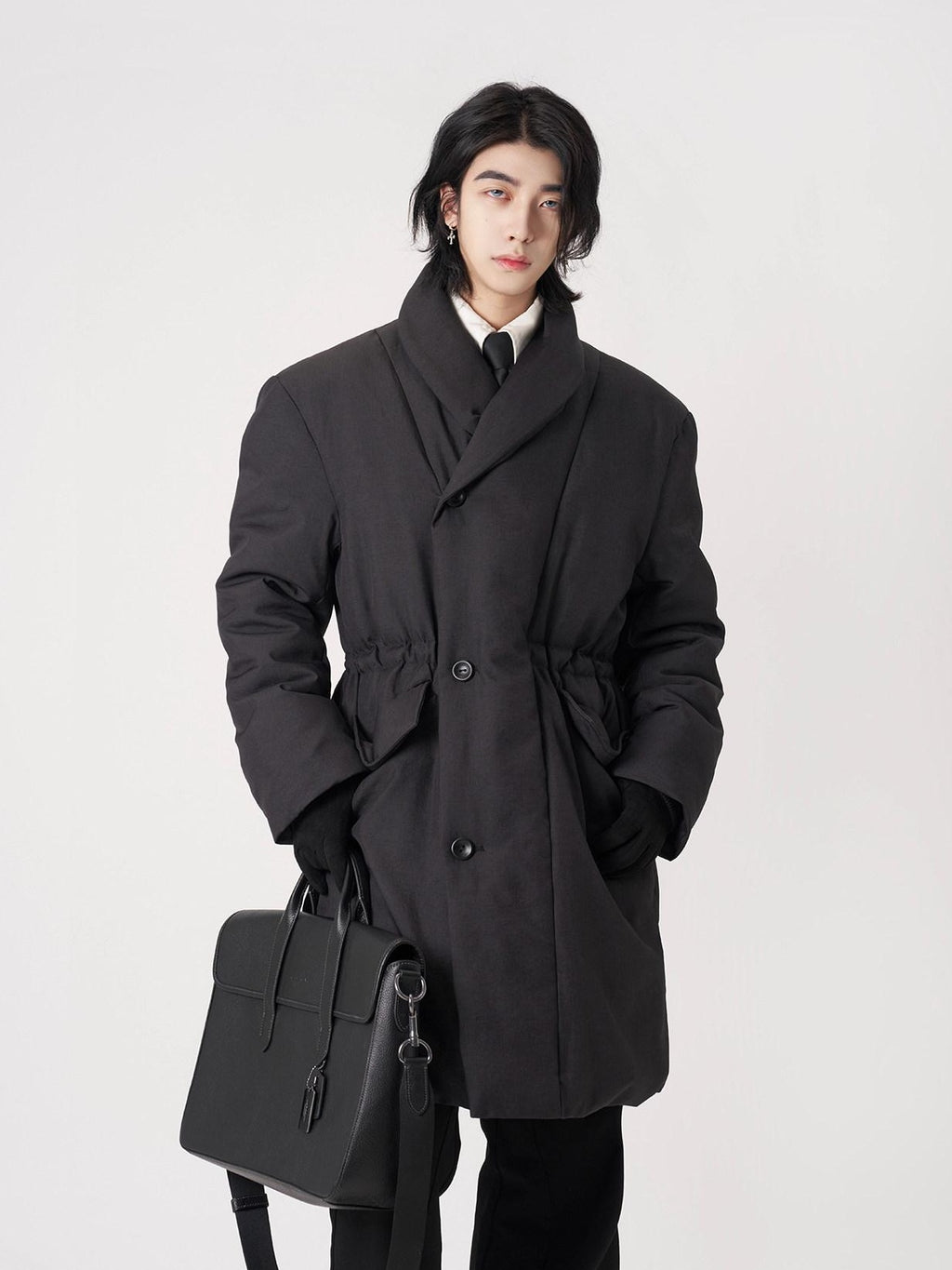 BALITONE Warm Insulated Loose Cleanfit Midlength Lapel Button Black Puffer Down Jackets