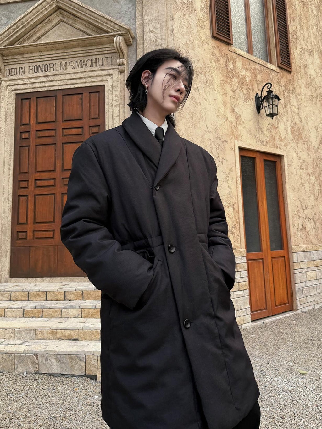 BALITONE Warm Insulated Loose Cleanfit Midlength Lapel Button Black Puffer Down Jackets