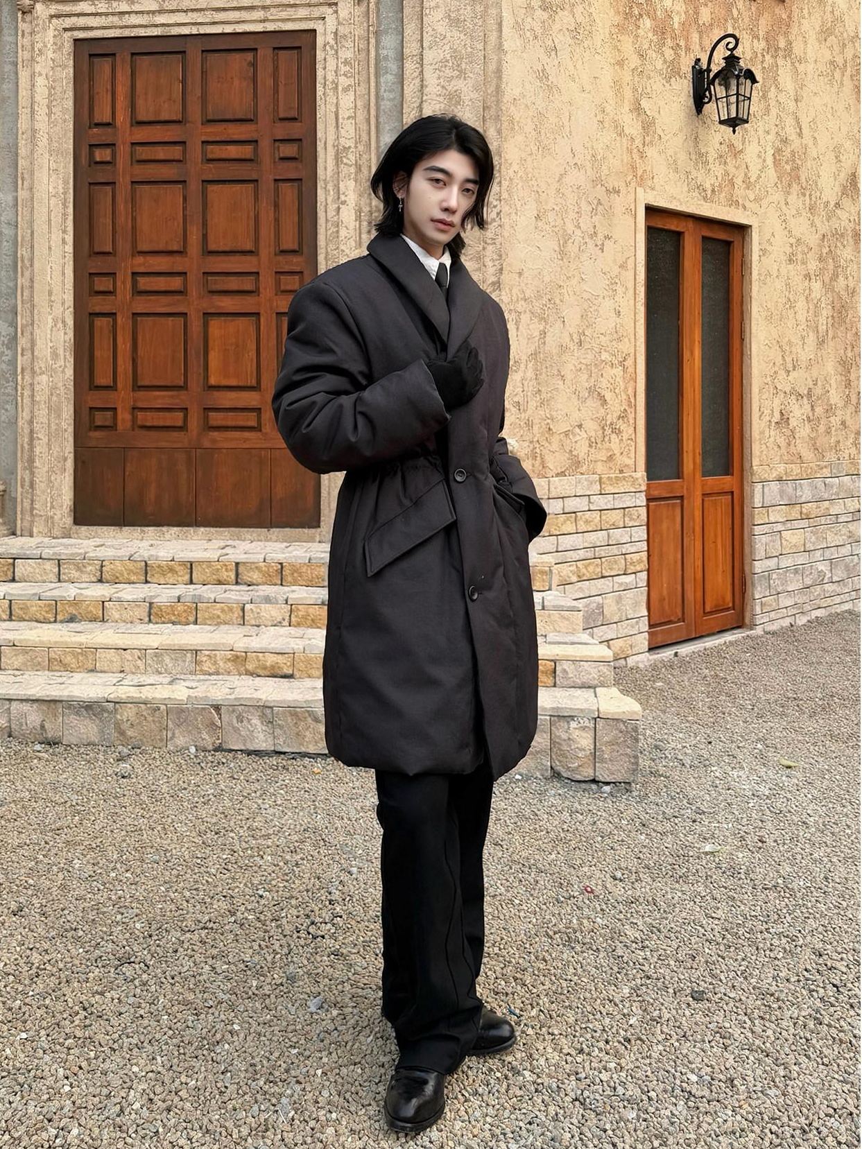 BALITONE Warm Insulated Loose Cleanfit Midlength Lapel Button Black Puffer Down Jackets