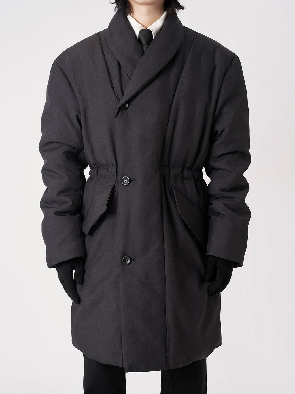 BALITONE Warm Insulated Loose Cleanfit Midlength Lapel Button Black Puffer Down Jackets