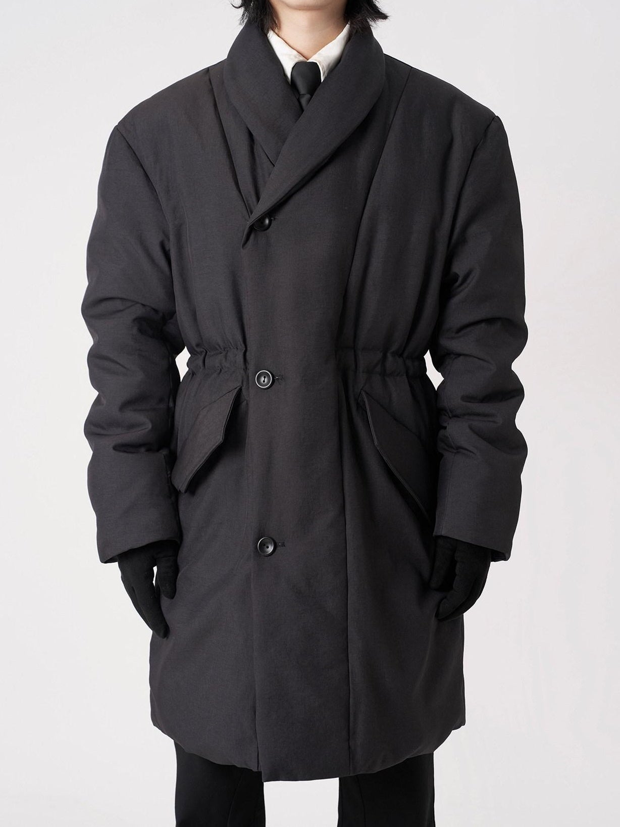 BALITONE Warm Insulated Loose Cleanfit Midlength Lapel Button Black Puffer Down Jackets