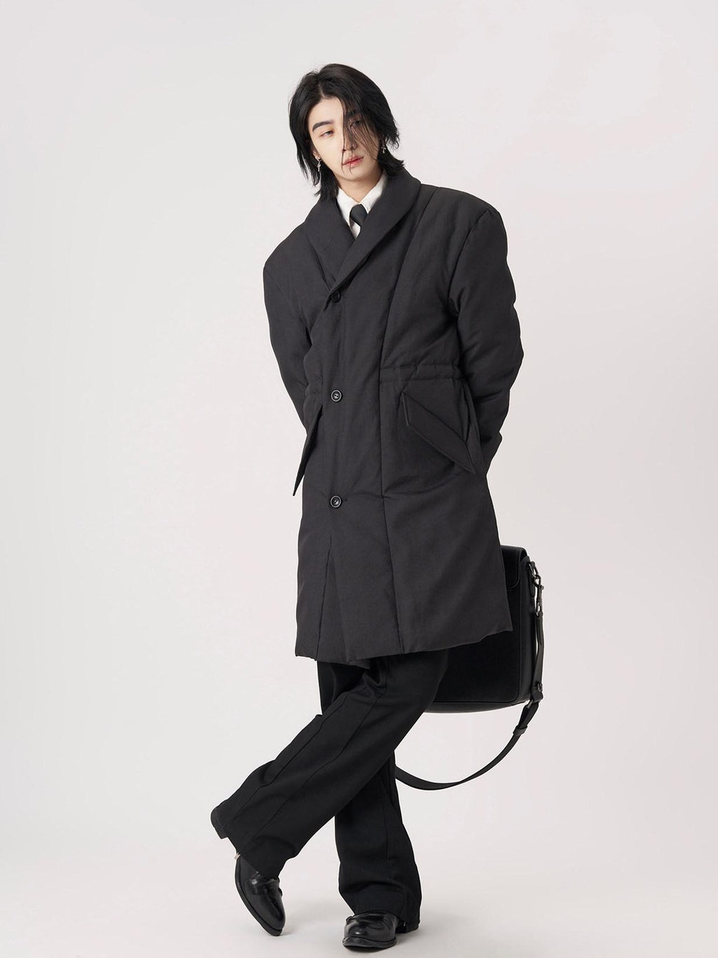 BALITONE Warm Insulated Loose Cleanfit Midlength Lapel Button Black Puffer Down Jackets