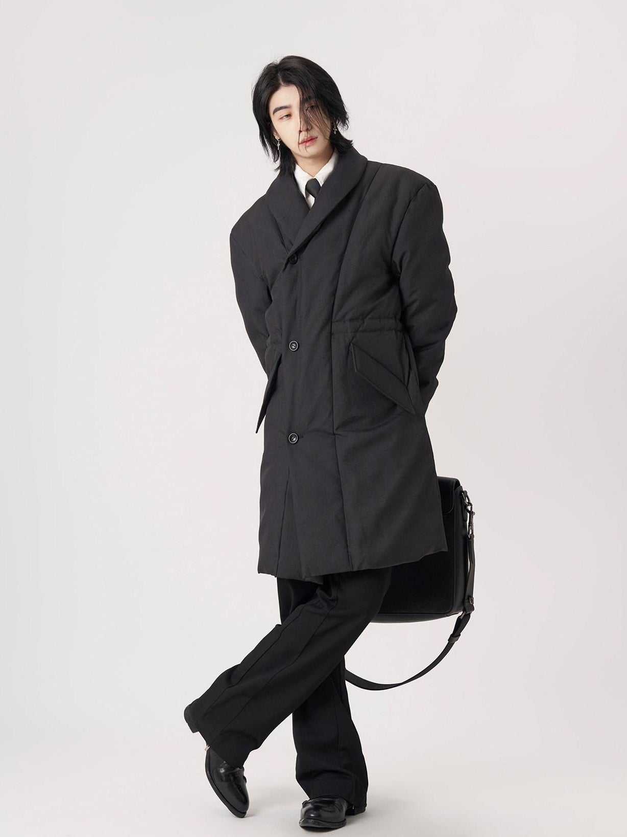 BALITONE Warm Insulated Loose Cleanfit Midlength Lapel Button Black Puffer Down Jackets