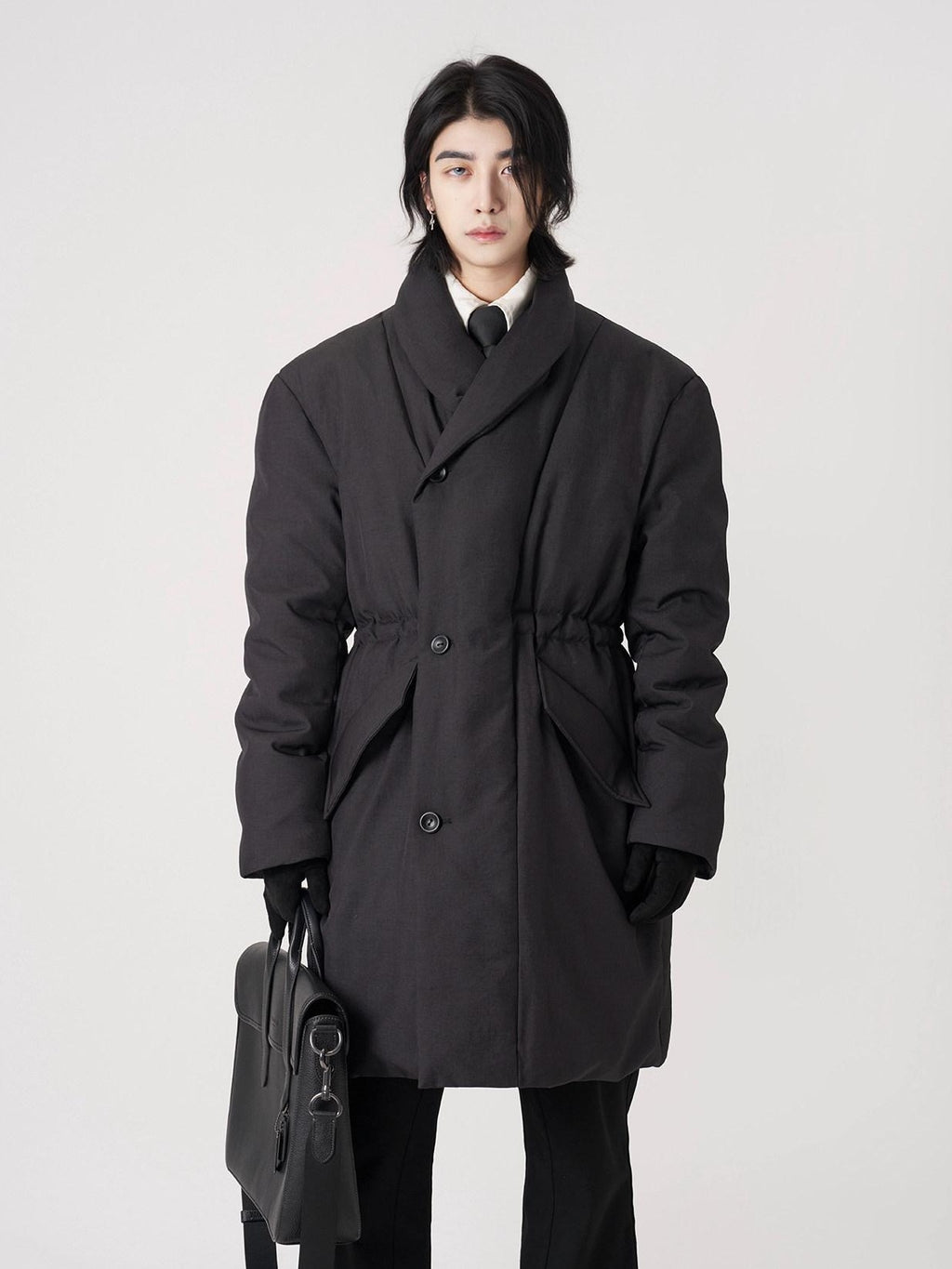 BALITONE Warm Insulated Loose Cleanfit Midlength Lapel Button Black Puffer Down Jackets