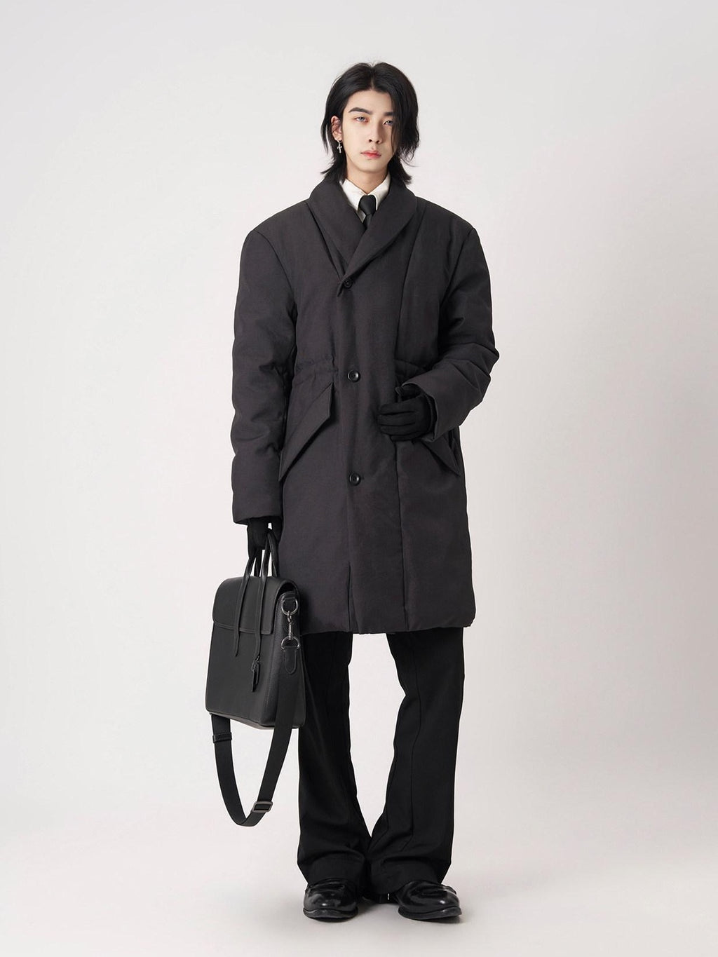 BALITONE Warm Insulated Loose Cleanfit Midlength Lapel Button Black Puffer Down Jackets