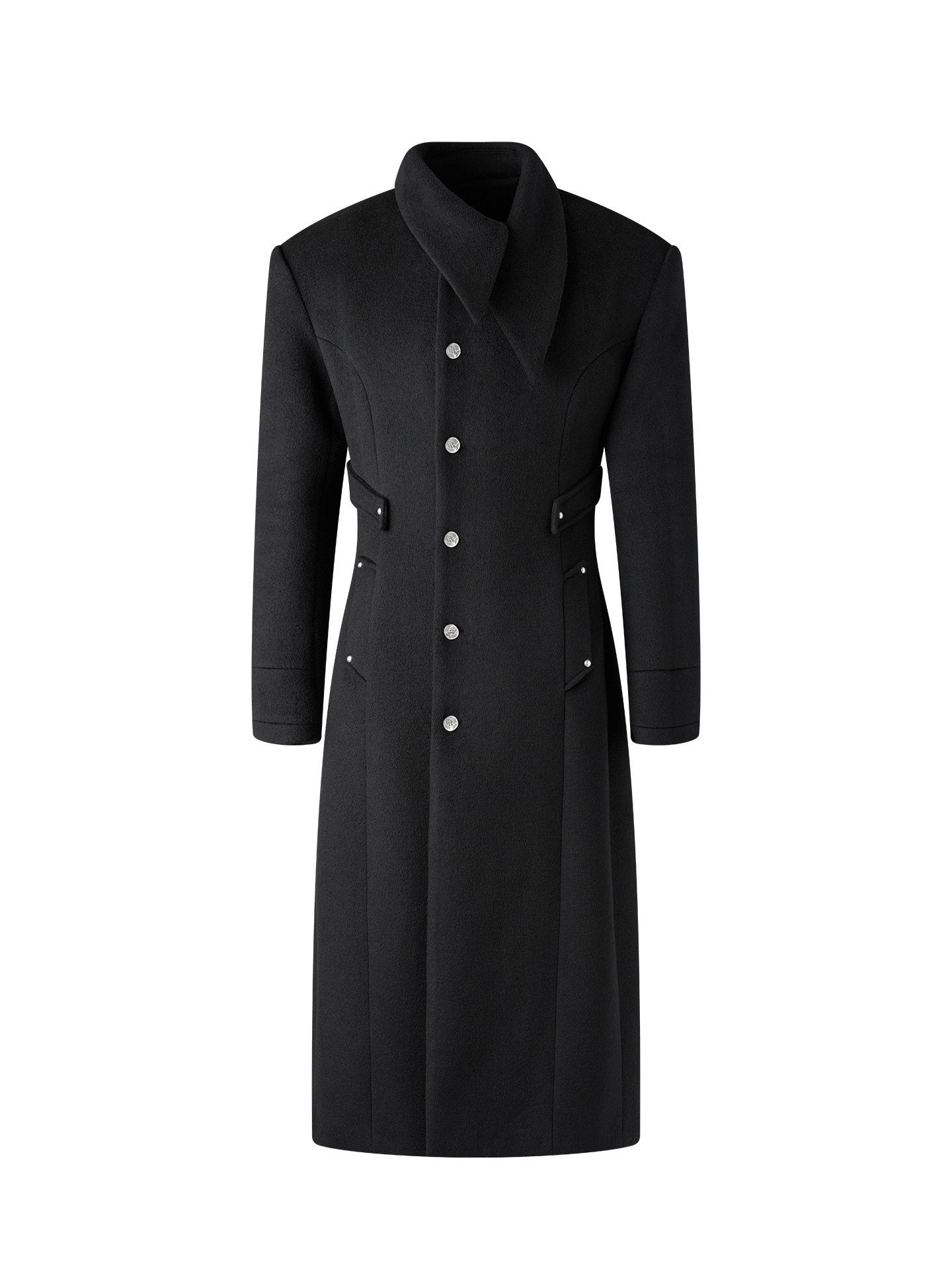 BALITONE_Warm_Non_Iron_Slim_Metal_Collar_Youth_Black_Long_Slanted_Pockets_Trench_Coats_MISSTT
