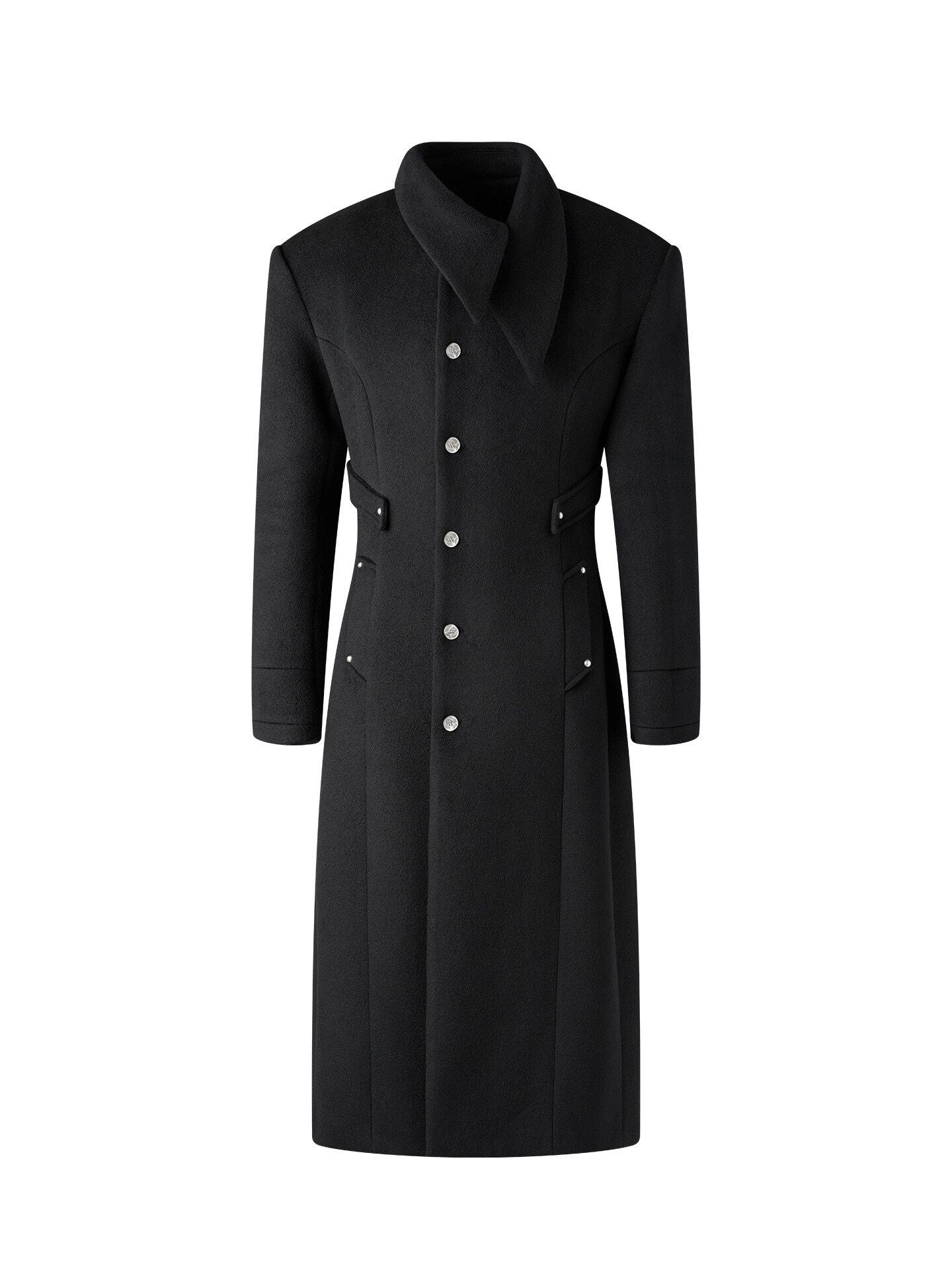 BALITONE_Warm_Non_Iron_Slim_Metal_Collar_Youth_Black_Long_Slanted_Pockets_Trench_Coats_MISSTT