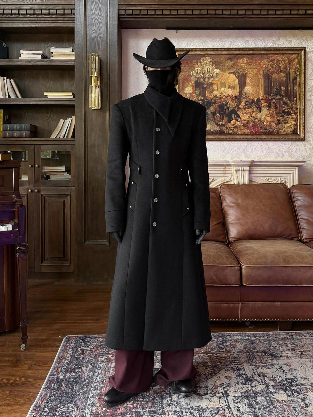 BALITONE Warm Non Iron Slim Metal Collar Youth Black Long Slanted Pockets Trench Coats