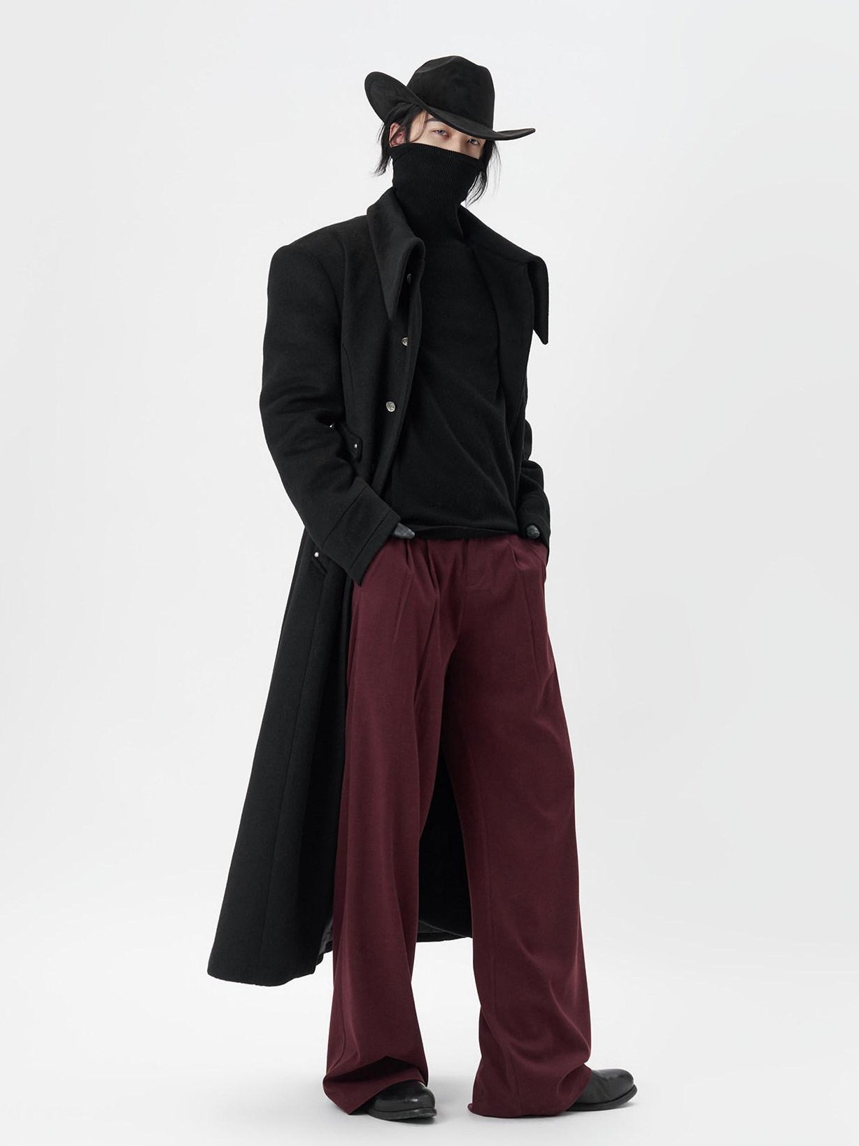 BALITONE Warm Non Iron Slim Metal Collar Youth Black Long Slanted Pockets Trench Coats