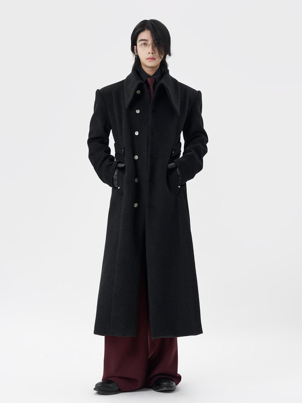 BALITONE Warm Non Iron Slim Metal Collar Youth Black Long Slanted Pockets Trench Coats